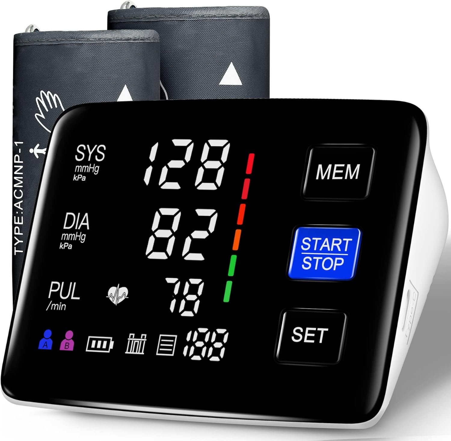 Blood Pressure Monitor, 9-17” & 13-21” Extra Large Blood Pressure Cuff Upper Arm, LED Color Backlit Screen Automatic Digital Blood Pressure Machine with USB Cable and 4 AAA Batteries