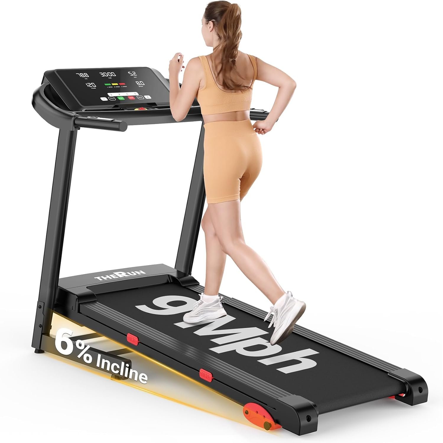 THERUN Incline Treadmill, 6% Incline Treadmill for Running and Walking, 300 lbs Weight Capacity, Wide Belt,3.0HP,18″ LED Screen, 2 Layers Shock-Absorbing