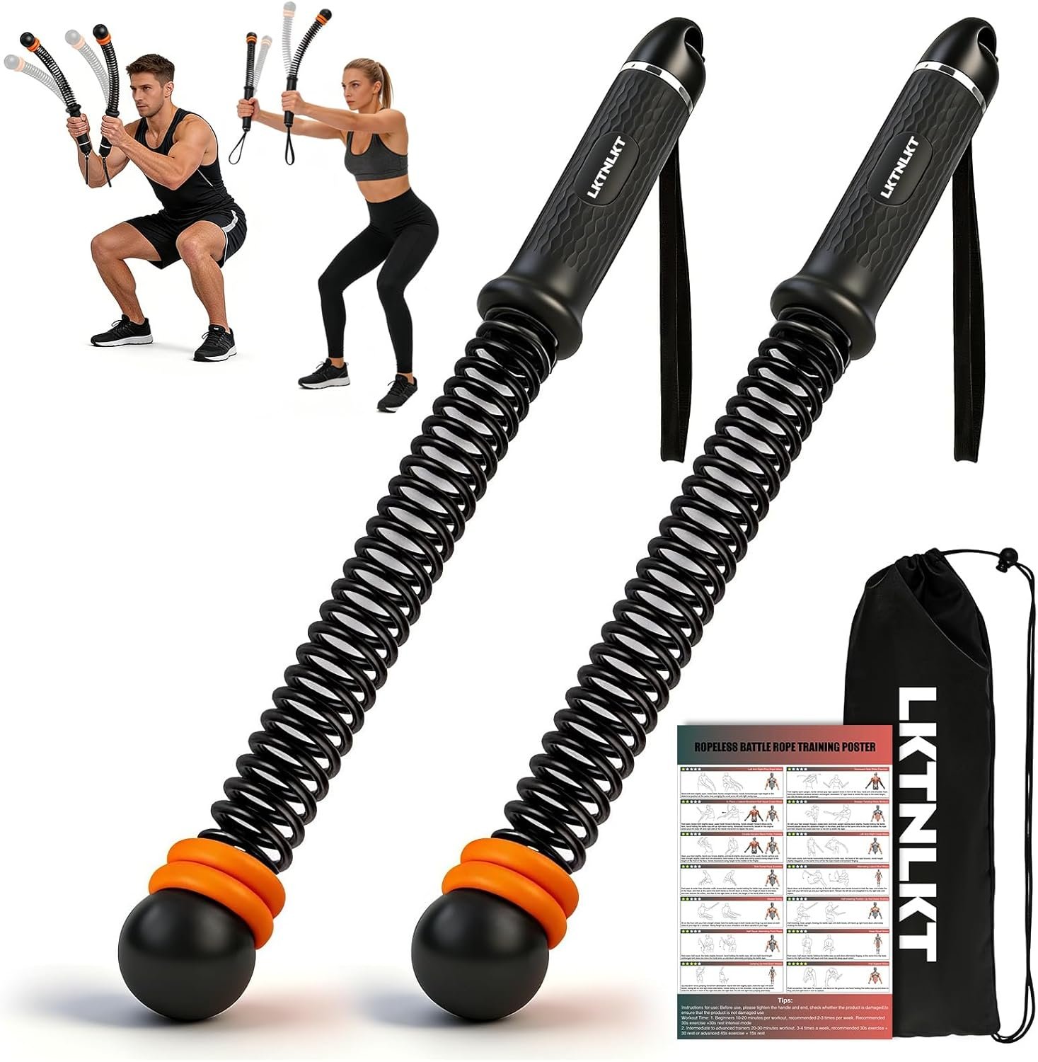Weighted Ropeless Battle Ropes Adjustable Weight – Portable Cordless Battle Ropes for Home Gym with Workout Poster, Strength Building, HIIT & Low-Impact Cardio Training for Men & Women (Black)