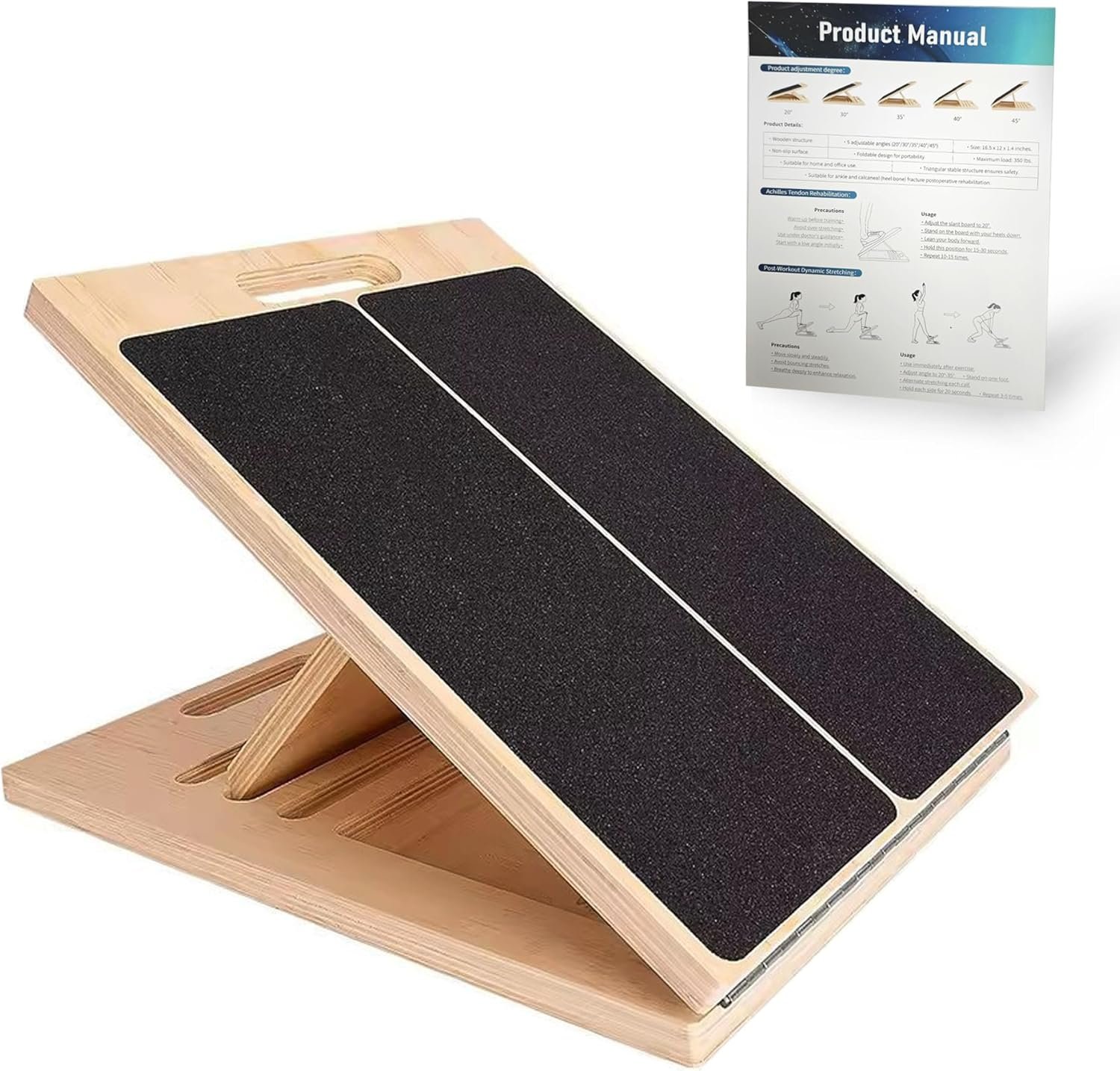 Adjustable 16.5″×12″ Wooden Slant Board – 5-Angle Foldable Calf Stretcher & Squat Wedge for Home-Gym, Portable Incline Board for Physical Therapy Rehab Pilates, Ankle Knee Heel Feet Leg, 350 lb Rated