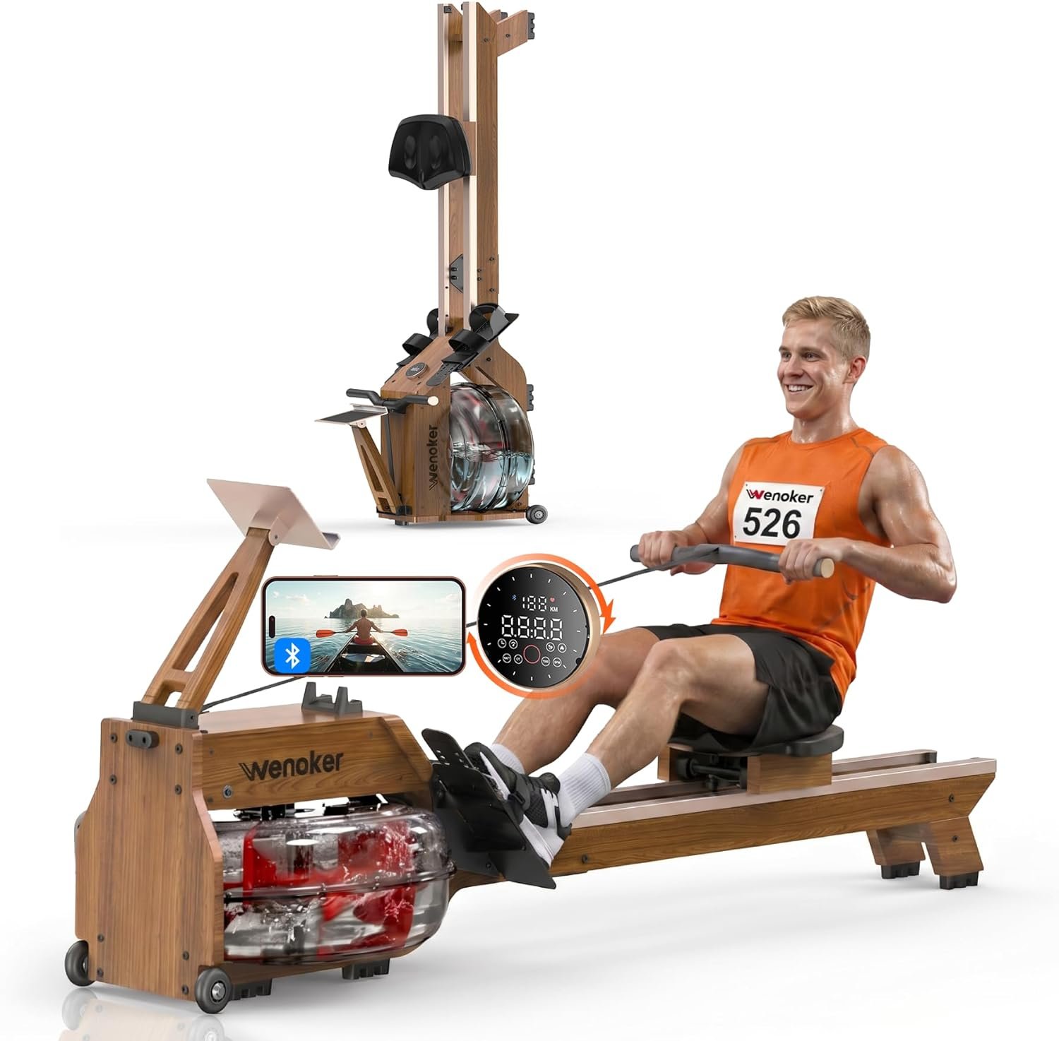 Water Rowing Machine for Home Use, WENOKER Wooden Foldable Rower Machine with Dedicated Monitor & Bluetooth APP, Large Water Tank & Comfortable Seat for Immersive Water Rower, 350LBS Weight Capacity