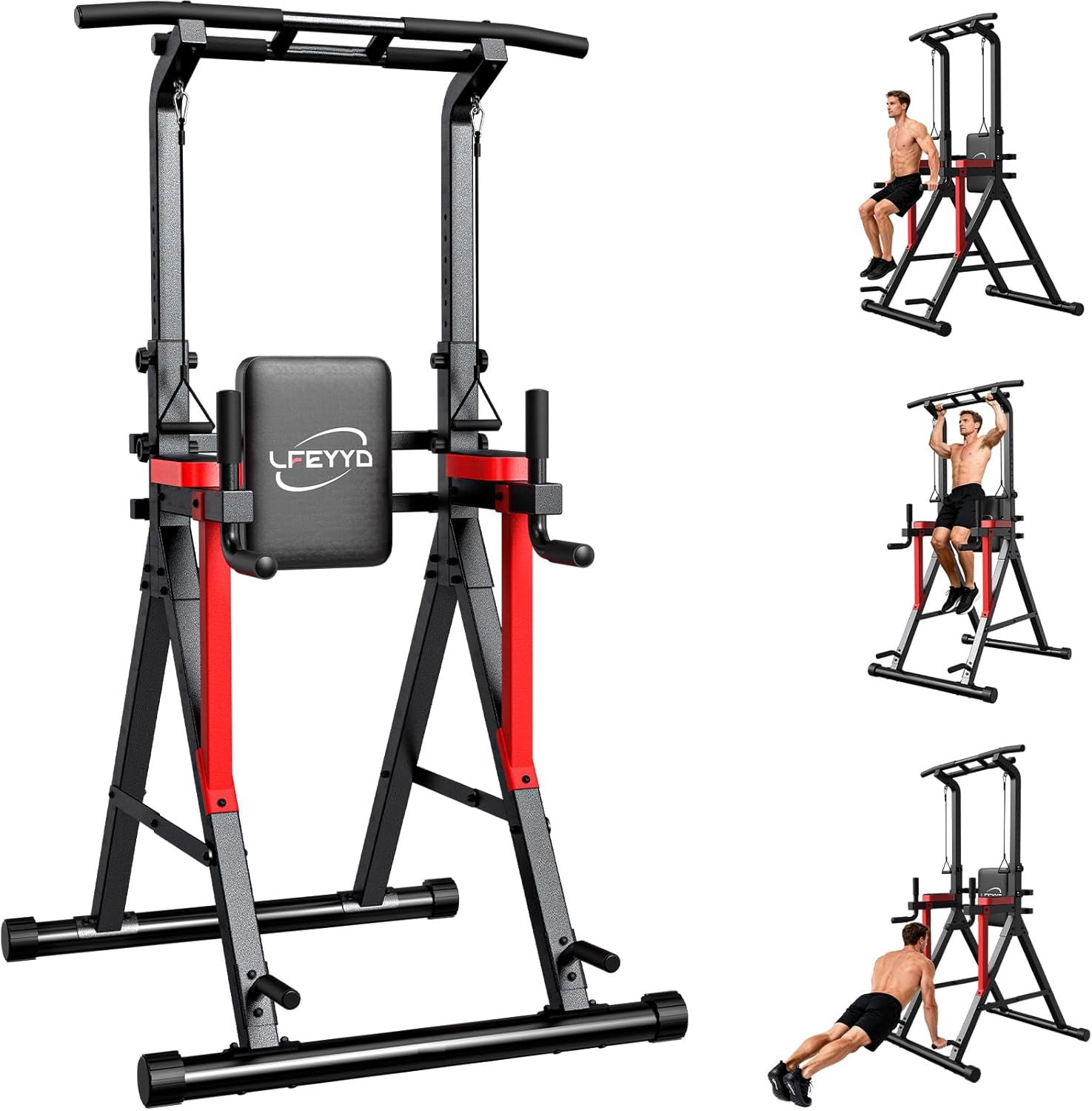Power Tower Pull Up Bar Free Standing,Multi-Level Adjustable Height Dip Station, Multi-Grip Handles,Backrest,Home Gym Strength Training Equipment with Power Elastic Ropes 400LBS Capacity