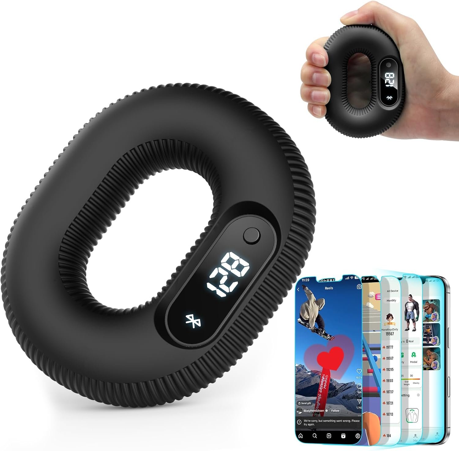 Smart Grip Strength Trainer with LED Display & Interactive App Game, Hand Grip Strengthener for Men Women, Adjustable 50lb Resistance Hand Exerciser for Forearm Finger, Stress Relief & Fitness Gadget, Black