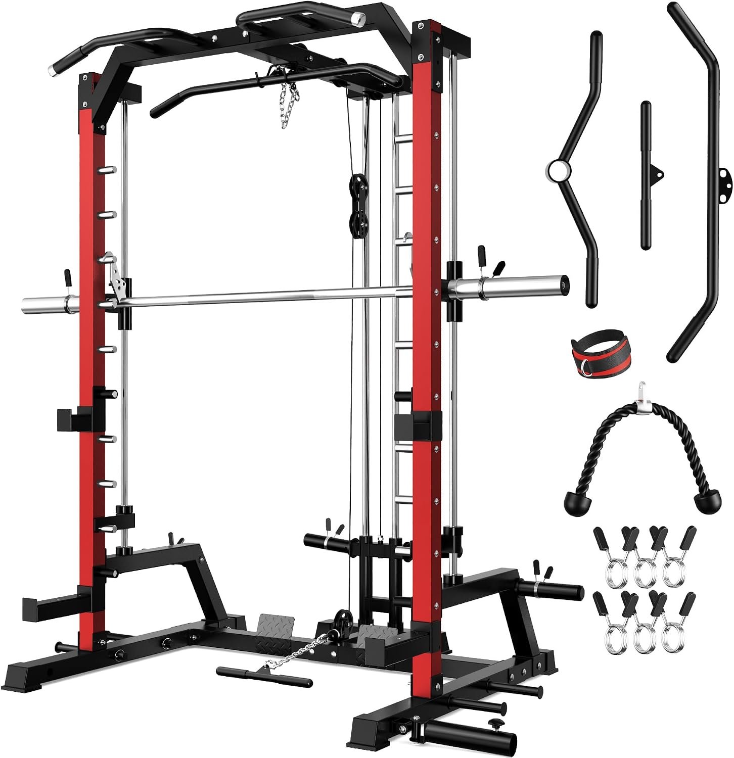 JELENS SR01 Smith Machine, 2000LBS Multi-Function Power Cage with LAT Pulldown System, All-in-One Home Gym Squat Rack with Smith Bar and Training Attachments for Full Body Workouts