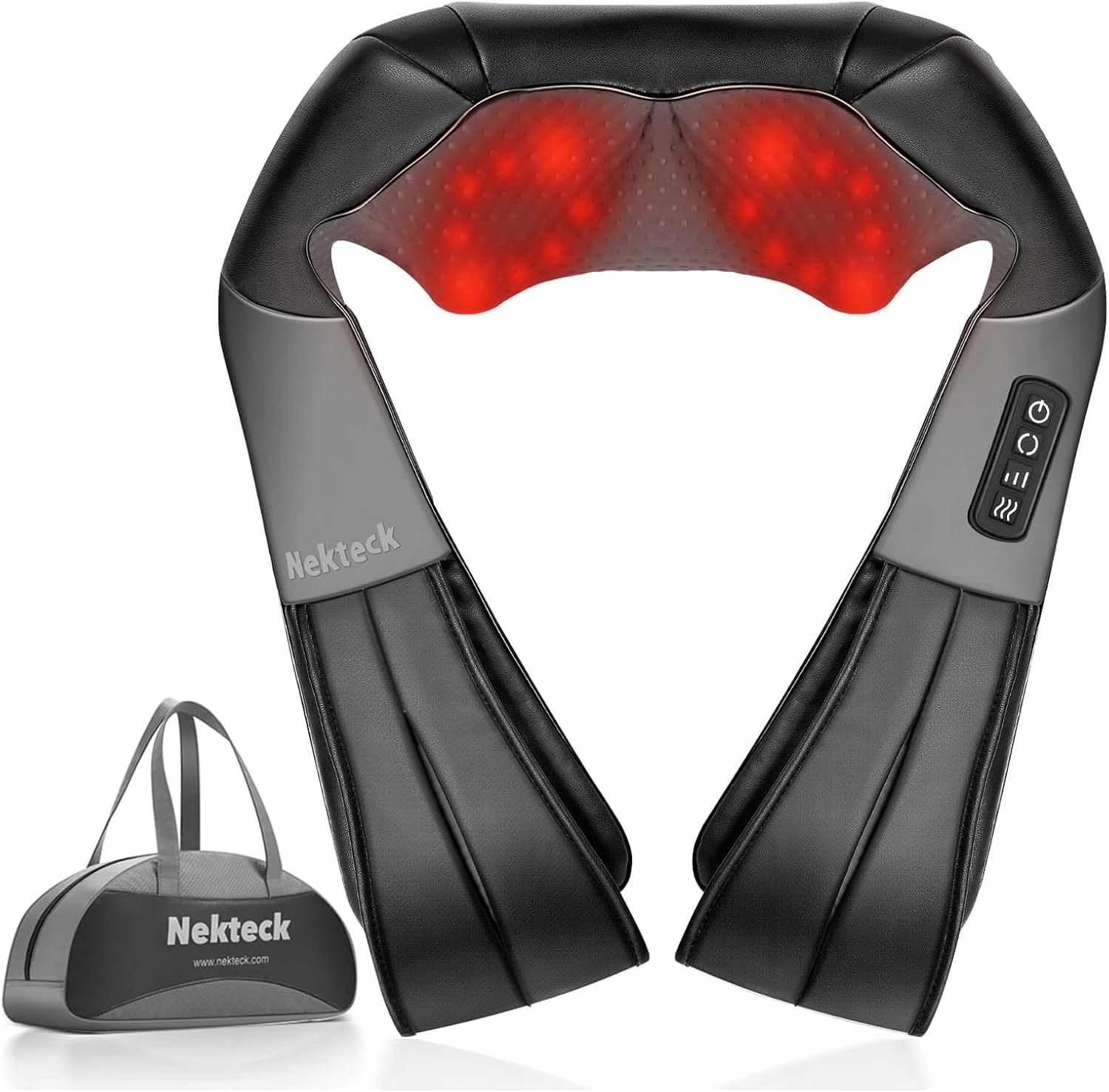 Nekteck Shiatsu Neck Massager with Heat for Pain Relief Deep Tissue, 2026 Upgraded Back Shoulder Kneading Massage Pillow with Storage Bag, Body Relaxation Gifts for Men Women