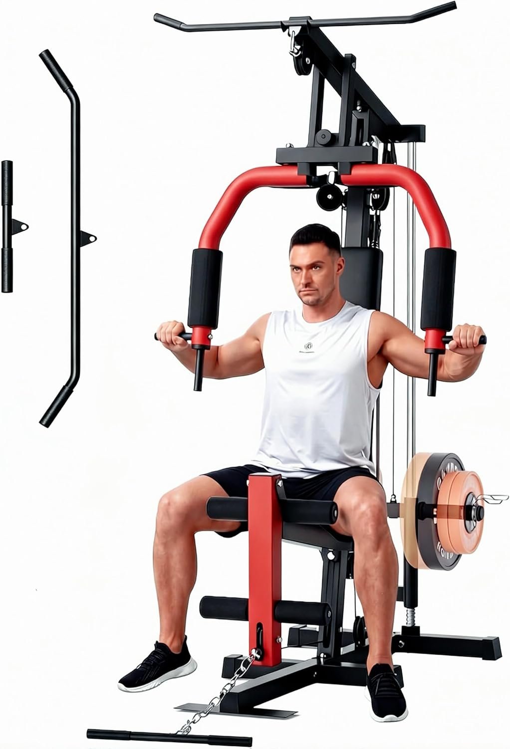 5-in-1 Multifunctional Home Gym Equipment, Full Body Training Machine with LAT Pulldown, Chest Press, Leg Extension, Seated Row,300LB Weight Capacity, Fits 1&2 Inch Weight Plates (Not Included)