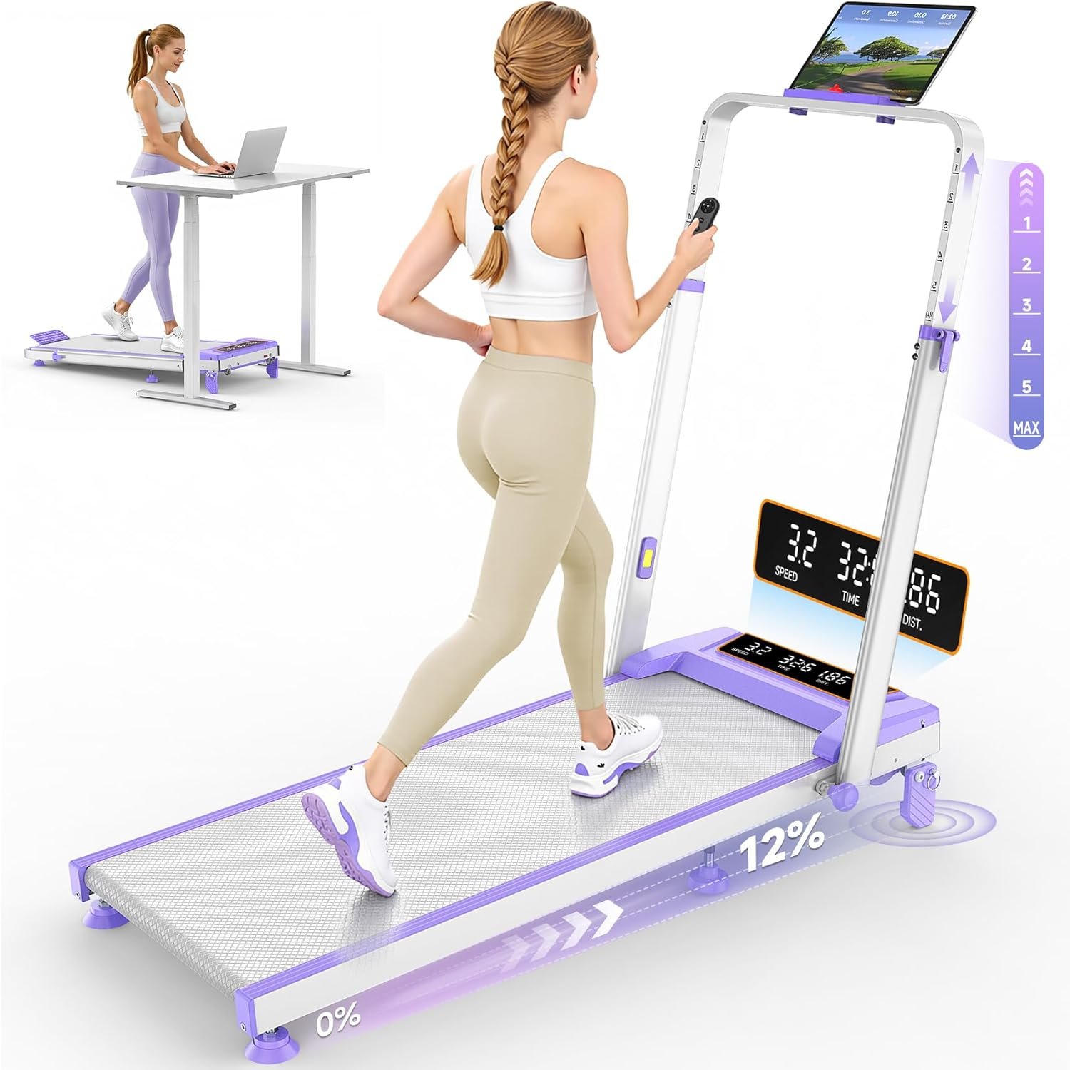 Walking Pad Treadmill with 12% Incline & Adjustable Height, 4 in 1 Folding Under Desk Treadmill, Upgraded 3.5HP Walking Pad with Handle Bar, Electric Portable Treadmills for Home 350LBS, LED Display