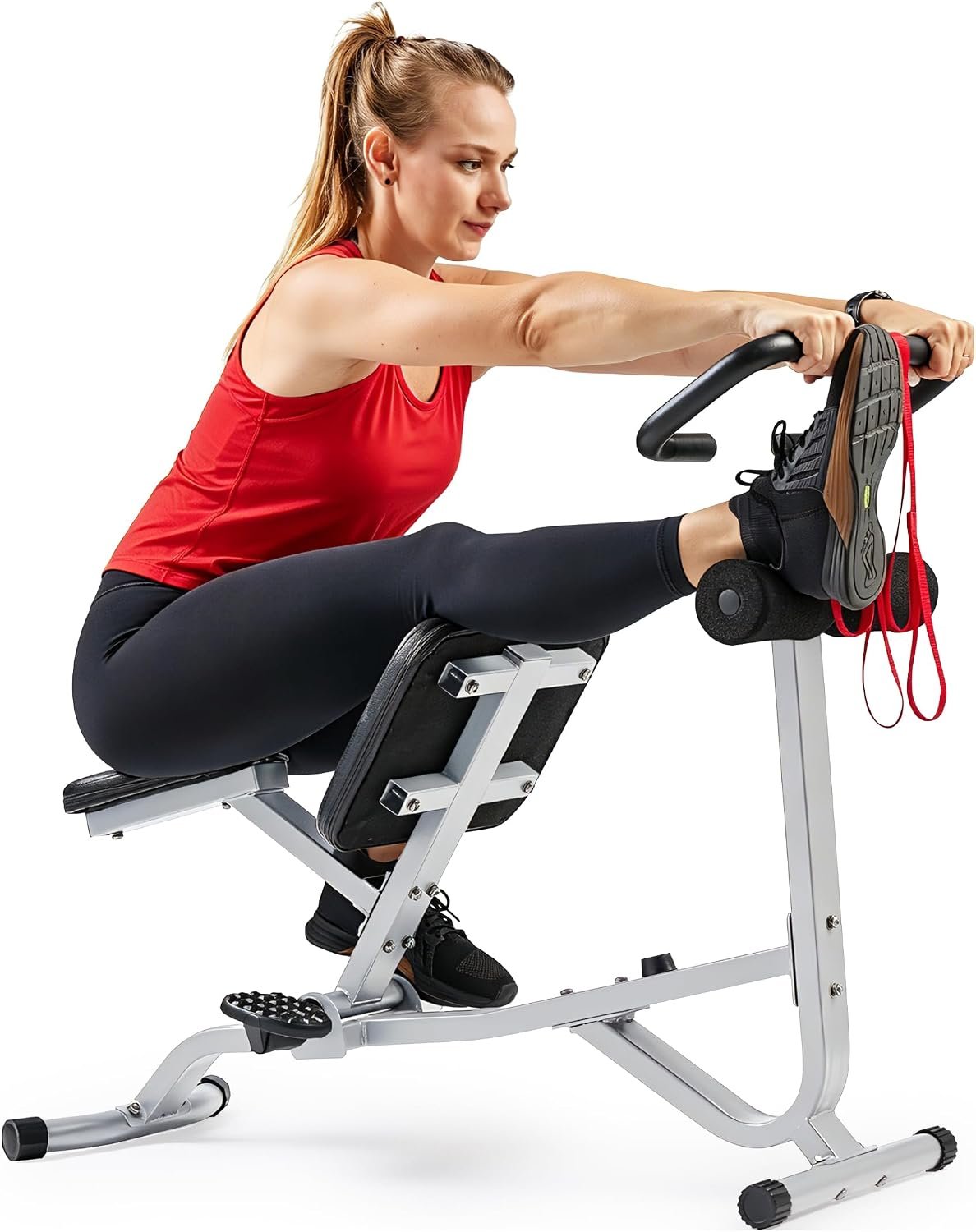 Sunny Health & Fitness Full Body Stretch Machine for Home Gym, Back Stretcher & Flexibility Trainer with Pivoting Seat, Foam Rollers, Safety Straps, Handlebar & SunnyFit App