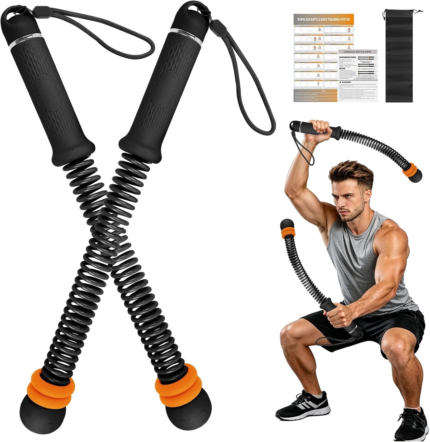 Weighted Cordless Battle Ropes – Adjustable Resistance Ropeless Battle Ropes for Home Gym with Non-Slip Handle, Portable Low-Noise Fitness Equipment for HIIT & Low-Impact Cardio Workouts – Black