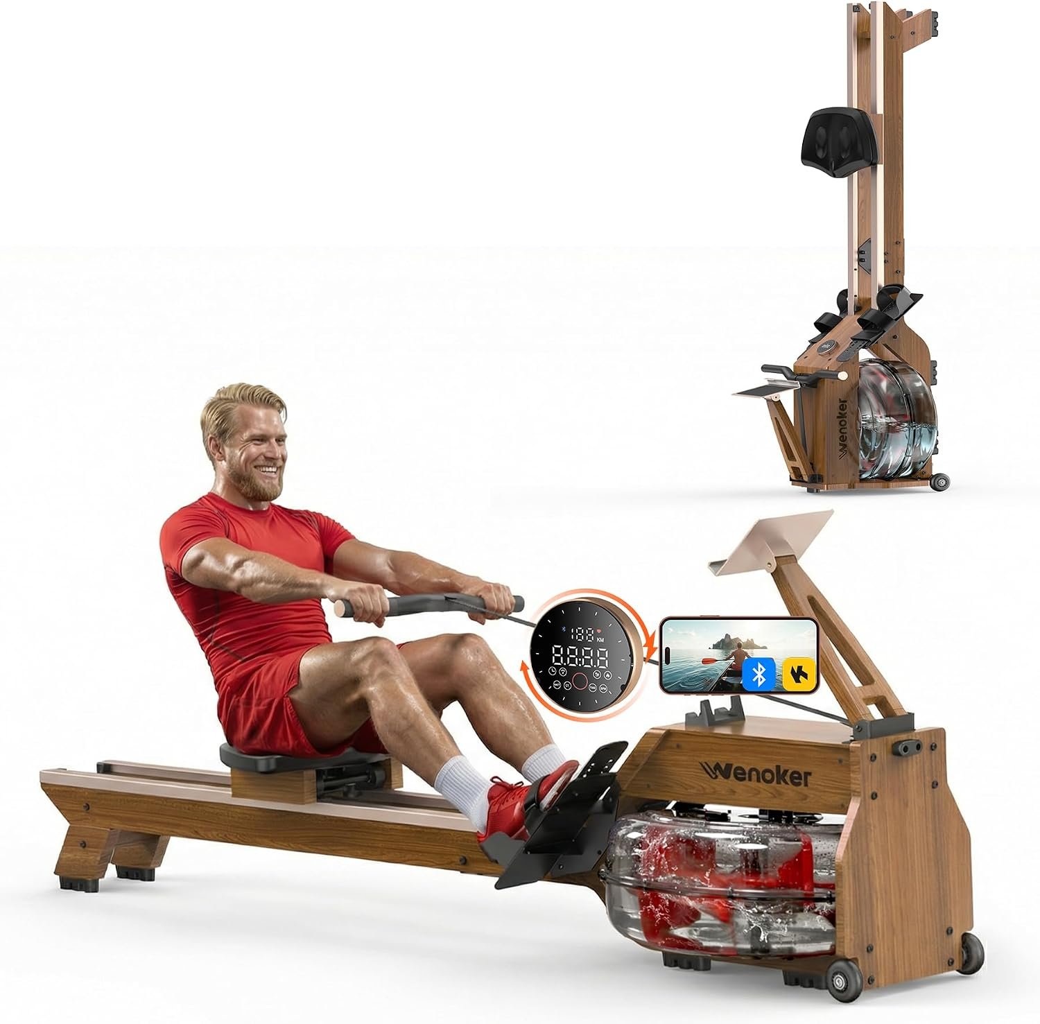 Water Rowing Machine for Home Use, WENOKER Foldable Wooden Rower Machine with Adjustable Monitor & Bluetooth APP, Large Water Tank & Comfortable Seat for Immersive Water Rower, 350LBS Weight Capacity