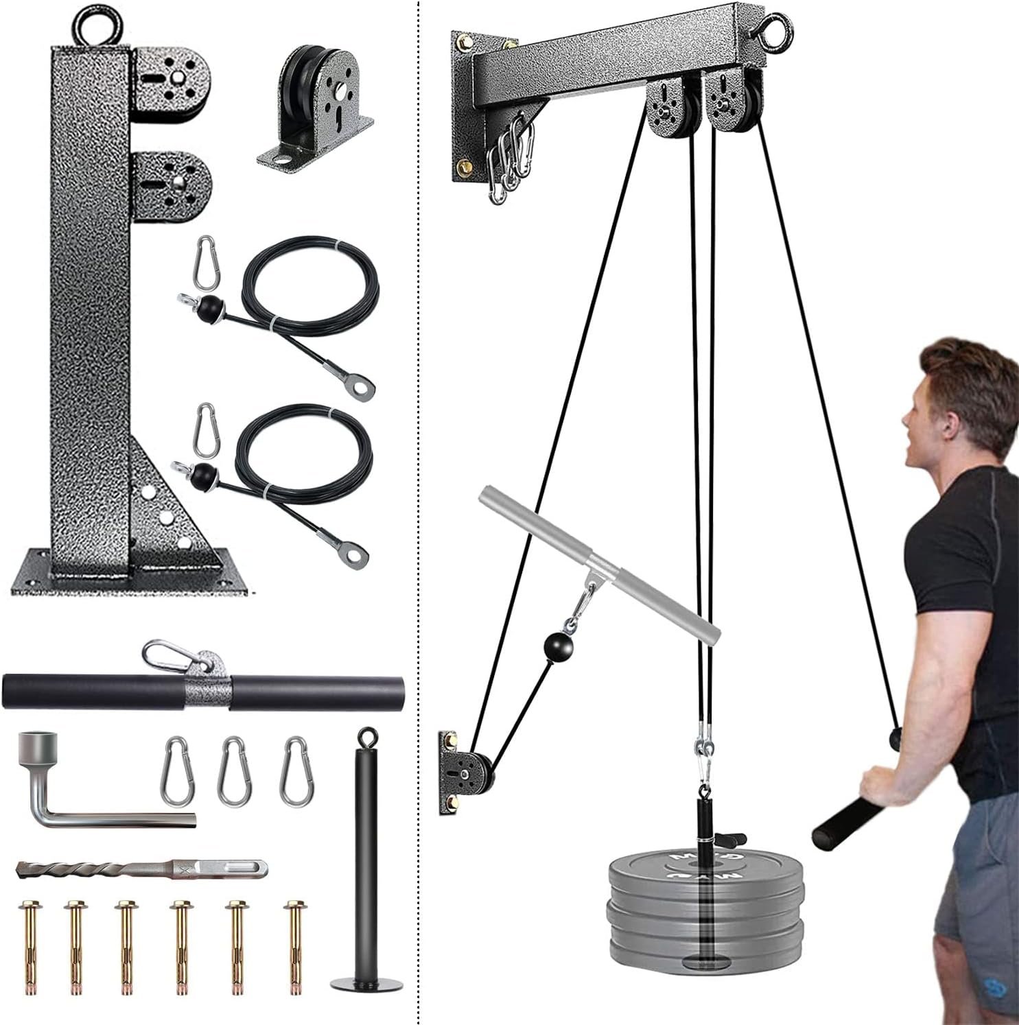 MARSAFIT Fitness Wall Mount Pulley System, Weight Cable Pulley System for Gym, LAT Pull Down and Low Row Cable Machine, Cable Station Equipment