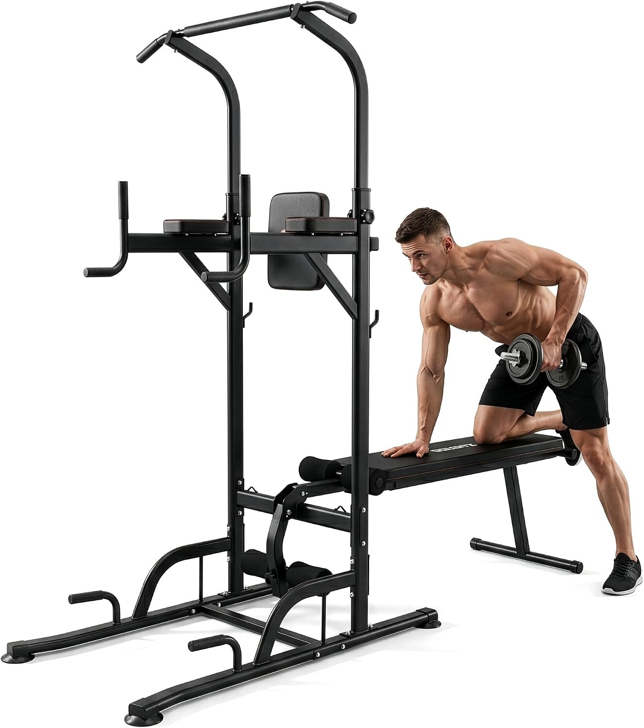 SQUATZ Pull-Up Dip Station – Your All-in-One Power Tower Gym and Chin-Up Bar Stand with Collapsible Bench for Home Exercise and Bench Press