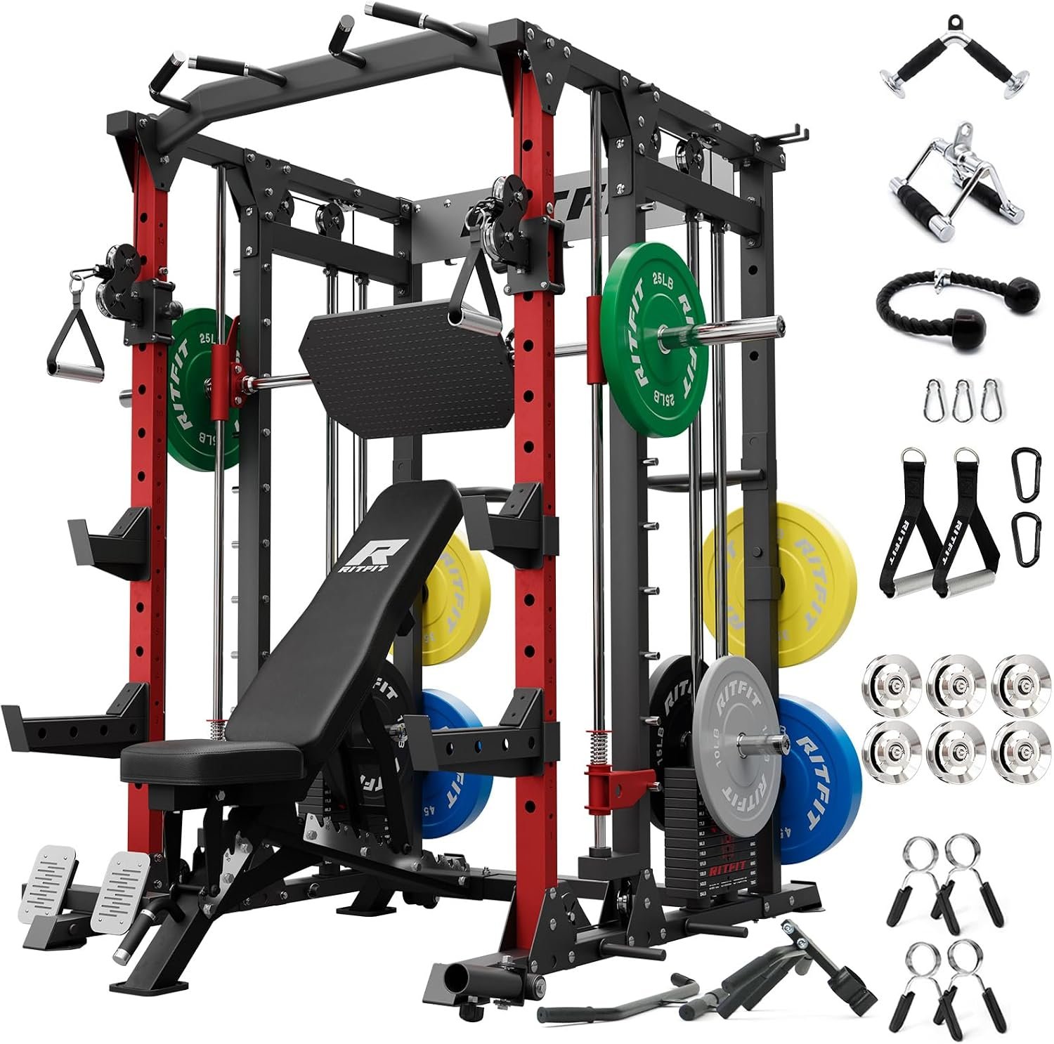 RitFit Buffalo Smith Machine Package, All-in-One Power Cage with Weight Stack , Power Rack with Cable Crossover & Leg Press Attachment for Home Gym
