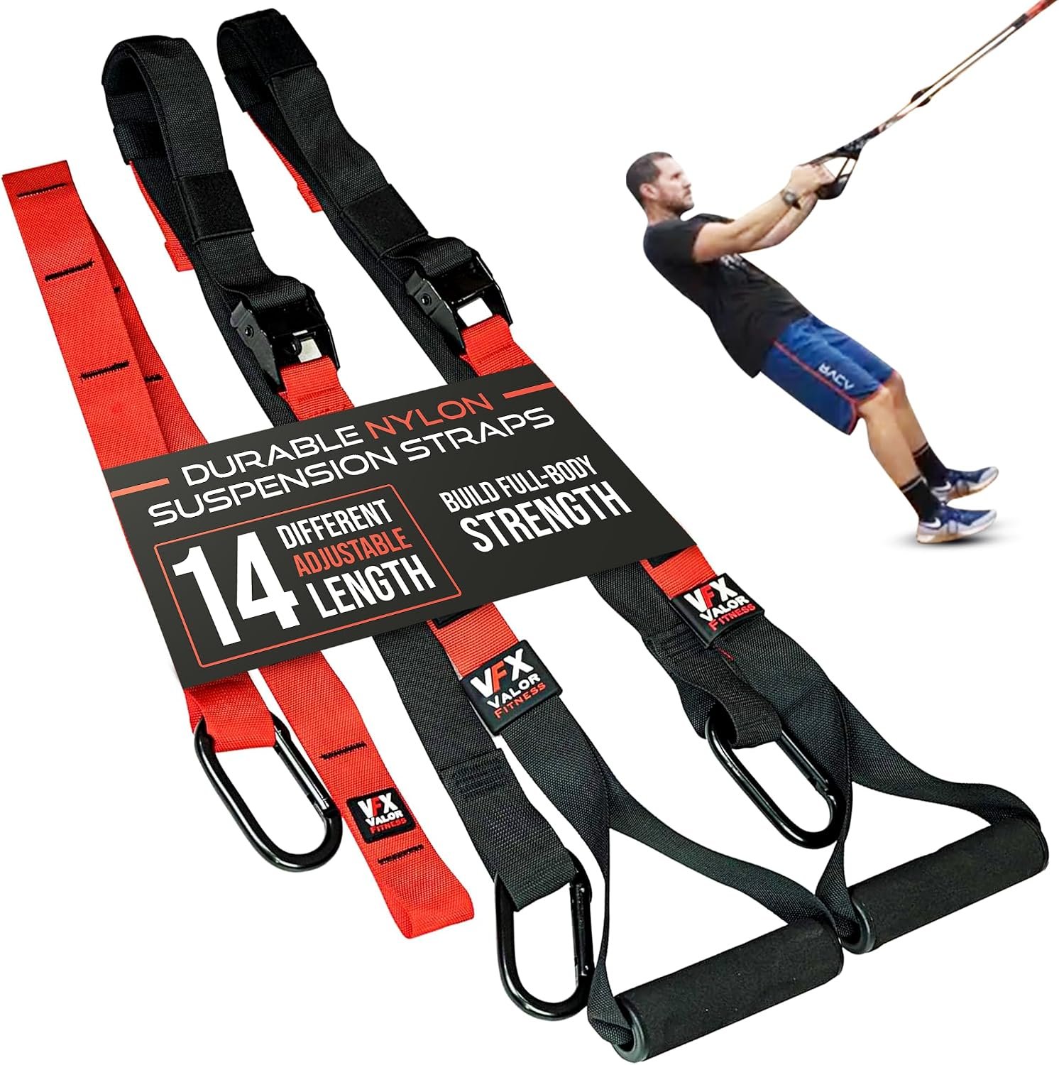 Valor Fitness Suspension Trainer System with Adjustable Training Straps, Full Body Bodyweight Workout Equipment for Home Gym, Resistance Training, Includes Extension Strap, Carabiner, and Storage Bag
