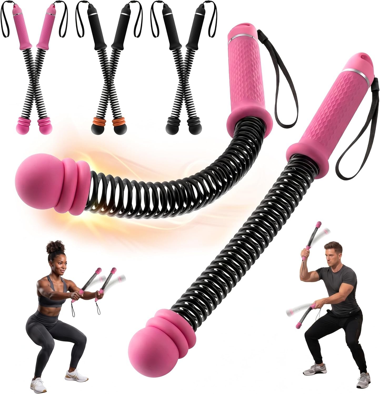 Weighted Ropeless Battle Ropes for Home Gym – Cordless Battle Ropes with Adjustable Resistance Springs, Portable Home Workout Equipment for Men & Women Strength Training & Cardio Fitness (Hot Pink)