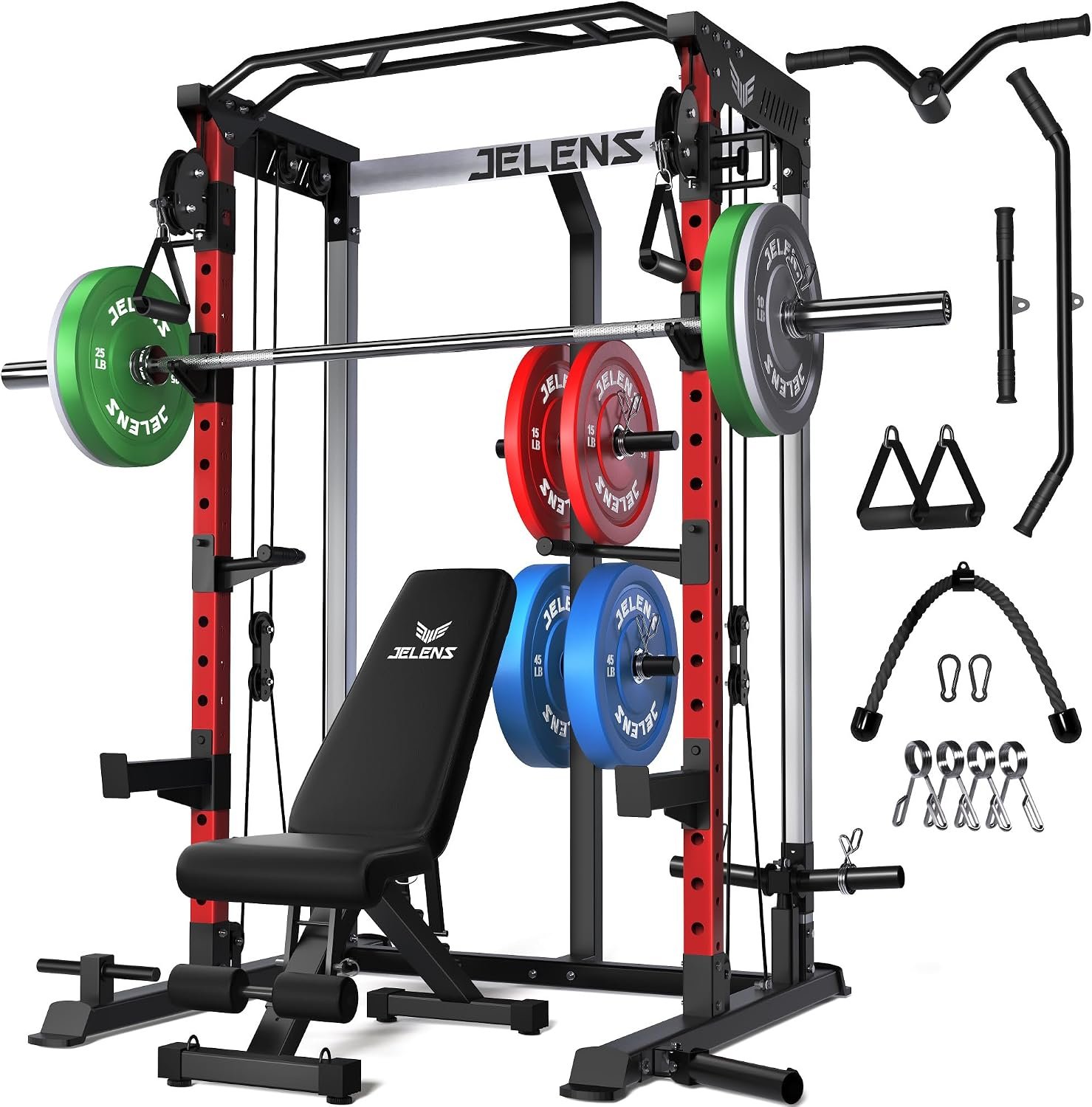 JELENS C21 Power Cage, 2000LBS Multi-Function Power Rack with Independent Dual Pulley System, All-in-One Squat Rack for Cable Crossover, Home Gym Workout Machine