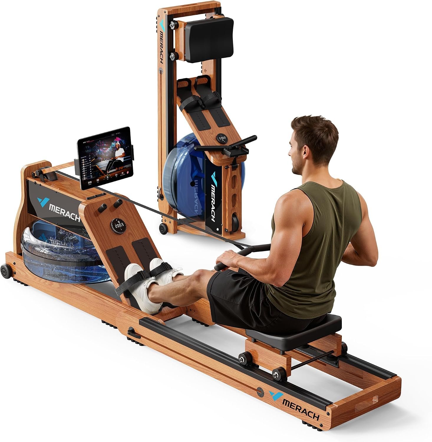 MERACH Foldable Wooden Rowing Machine, Water Electromagnetic Rower Machine for Home Use, Exclusive App Lifetime Membership, Patented Space Saver, MERACH Go Technology, 950