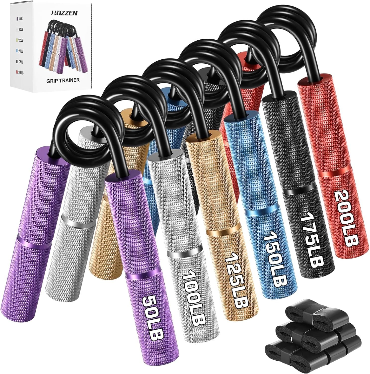 Hozzen Grip Strength Trainer, 6 Pack Grip Strength Trainer Set (50-350LB), No Slip Hand Grip Strengthener, Wrist Forearm Strengthener with Grip Tape for Strength Training, Exercise, Injury Recovery