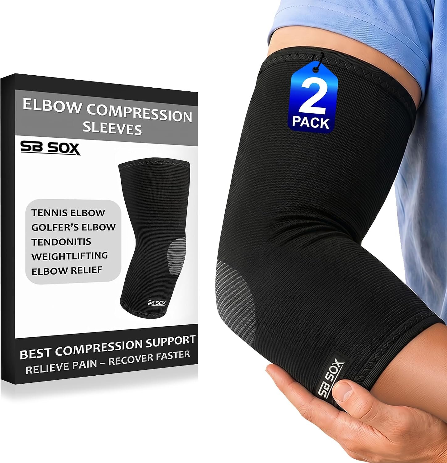 SB SOX 2-Pack Elbow Brace for Tennis Elbow, Tendonitis & Golfers Elbow, Elbow Compression Sleeve for Men & Women, Supportive Elbow Sleeve for Weightlifting, Gym, Sports & Recovery