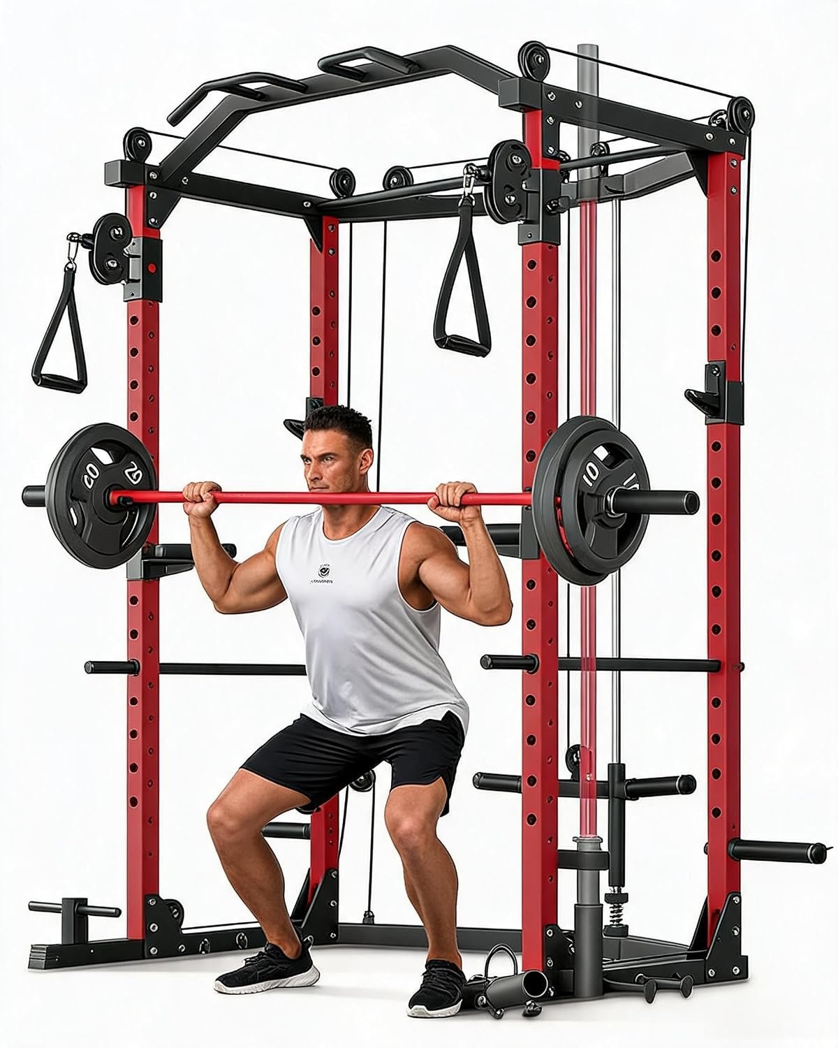 GarveeLife Power Cage, Multi-Functional Power Racks for Home Gym with Cable Crossover System, 1600 LBS Weight Capacity Fitness Squat Rack for Strength Workout with More Training Attachment, Red