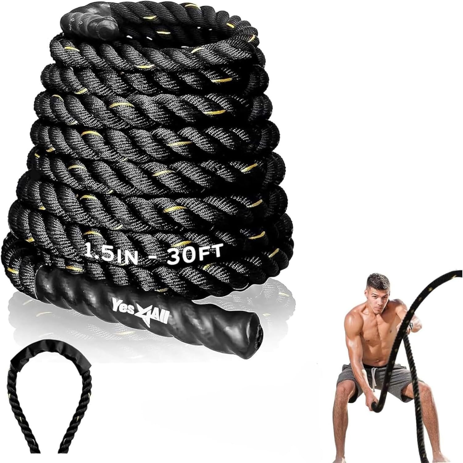 Yes4All 1.5/2 Inch Battle Ropes with Extra Protective Sleeve, Workout Ropes for Cross-Training Home Gym & Fitness Exercises, Strength Training – 30,40,50 Feet Lengths Available