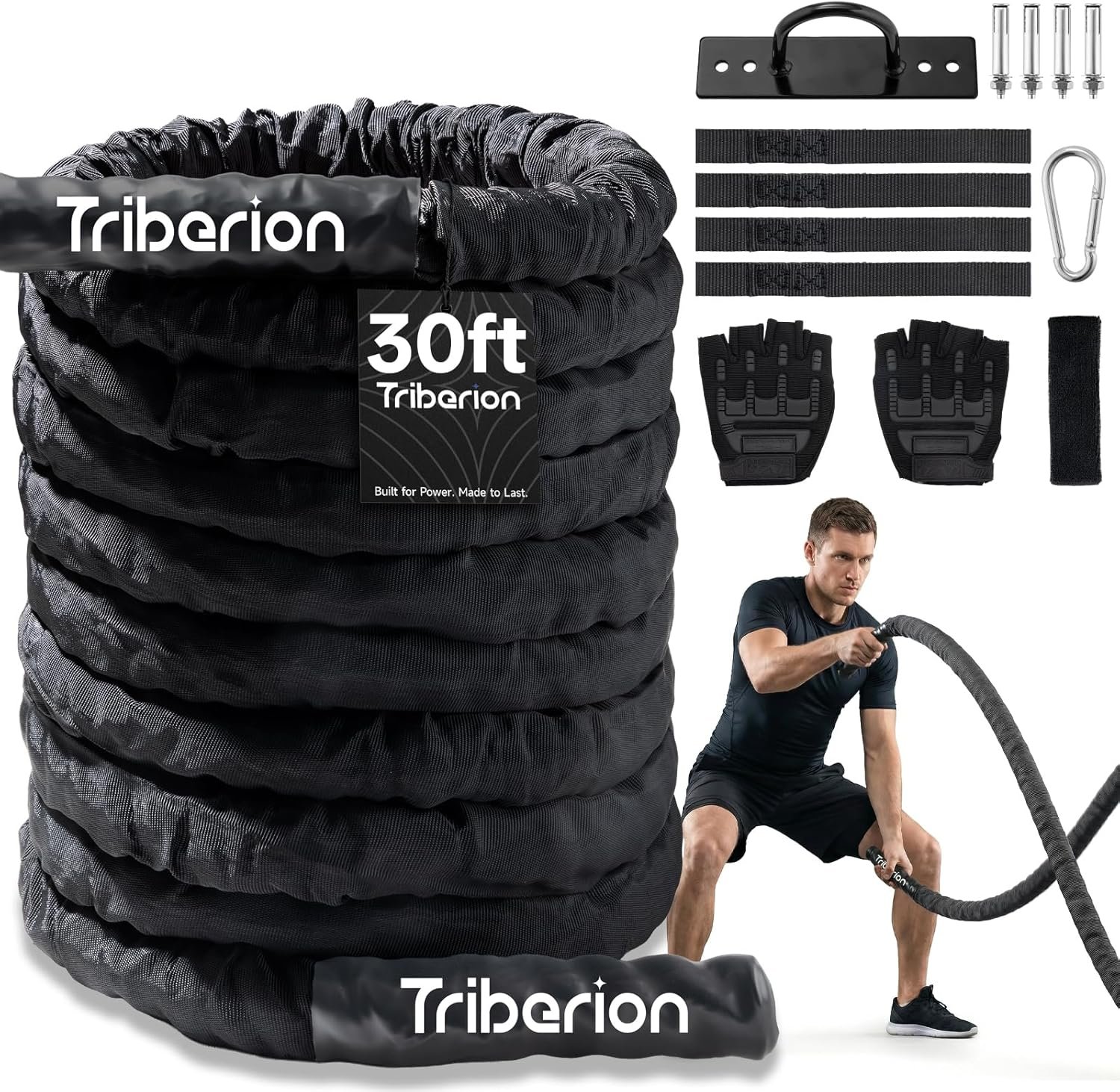 Battle Rope for Home Gym Workout – 1.5 Inch 30ft Heavy Weighted Training Exercise Ropes Fitness Equipment with Sleeve and Anchor Strap Kit for Outdoor Working Out