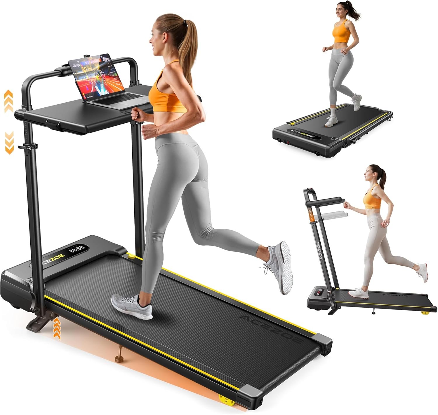 Acezoe 3 in 1 Under Desk Treadmill with Incline, Walking Pad with Removable Desk Workstation, Adjustable Height for Different Need, 300lbs Capacity, Foldable Compact for Home Small Office