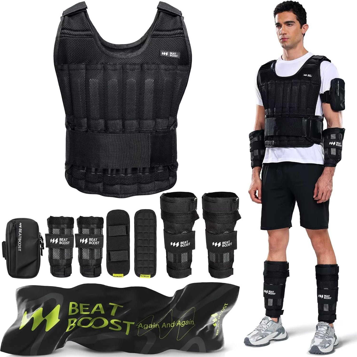 BeatBoost Weighted Vest Men 20lb/30lb/40lb/50lb/60lb Adjustable Weight Vest with Steel Plates Weights for Walking Strength Training Running Workout