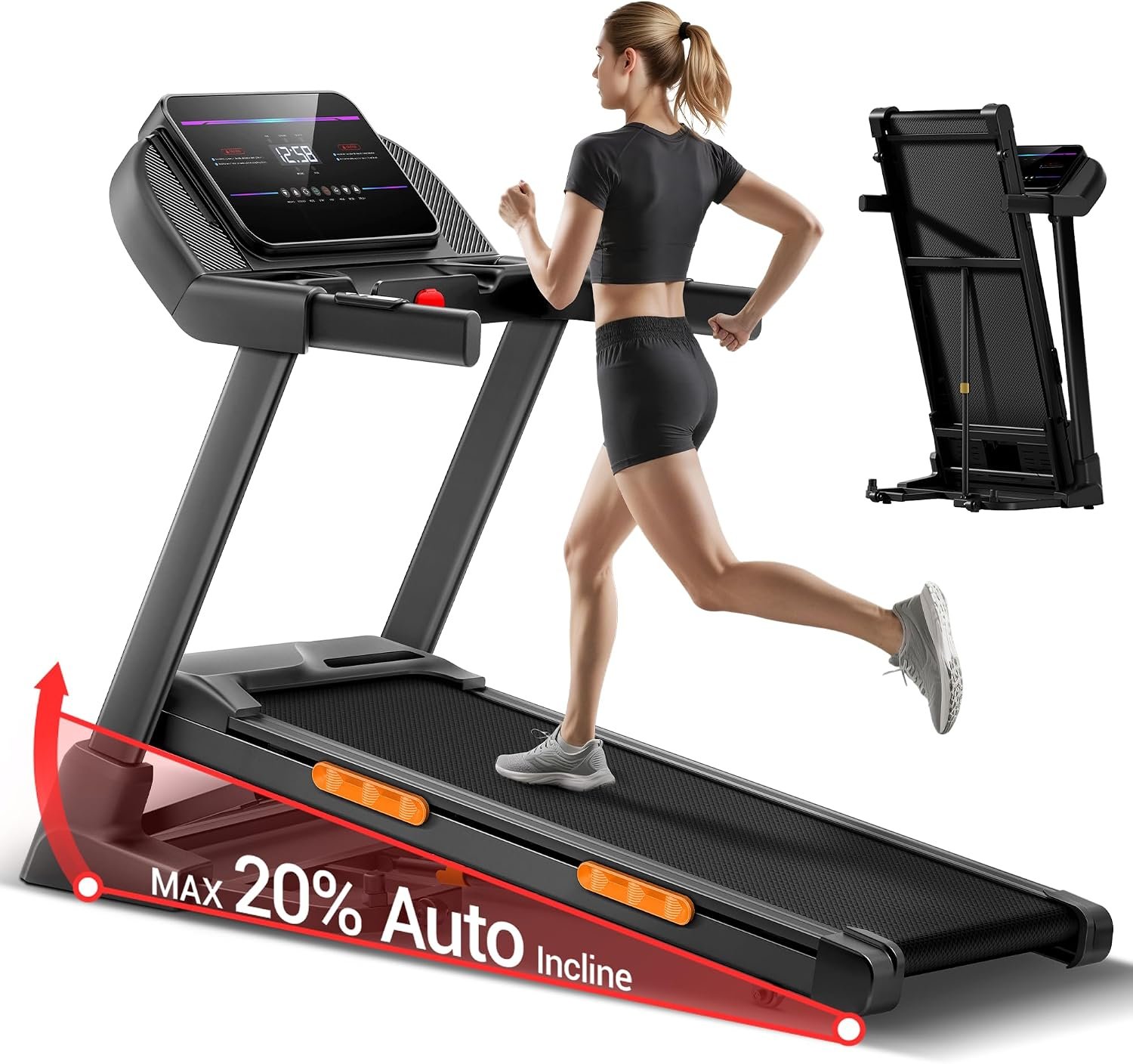 UMAY Fitness Treadmill with 0%/20% Auto/Manual Incline, Treadmills for Home Folding with Pulse Sensors, 300/350/400LBS Capacity, Max 4.0HP Quiet Brushless & 8.0/8.7/9.5MPH