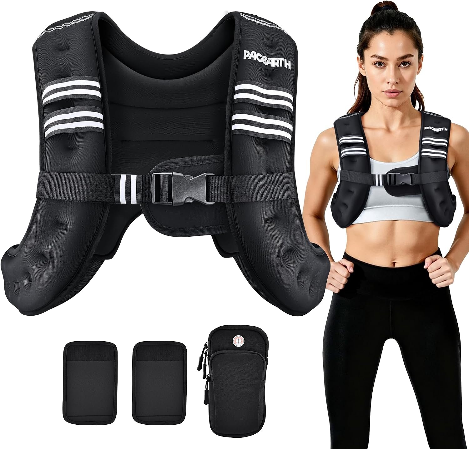 PACEARTH Weighted Vest,6lb/8lb/10lb/12lb/16lb/20lb/25lb/30lb Weight Vest with Reflective Stripe, Body Weight Vests for Women, Men, Weight Loss Workout, Strength Training, Running, Walking, Jogging