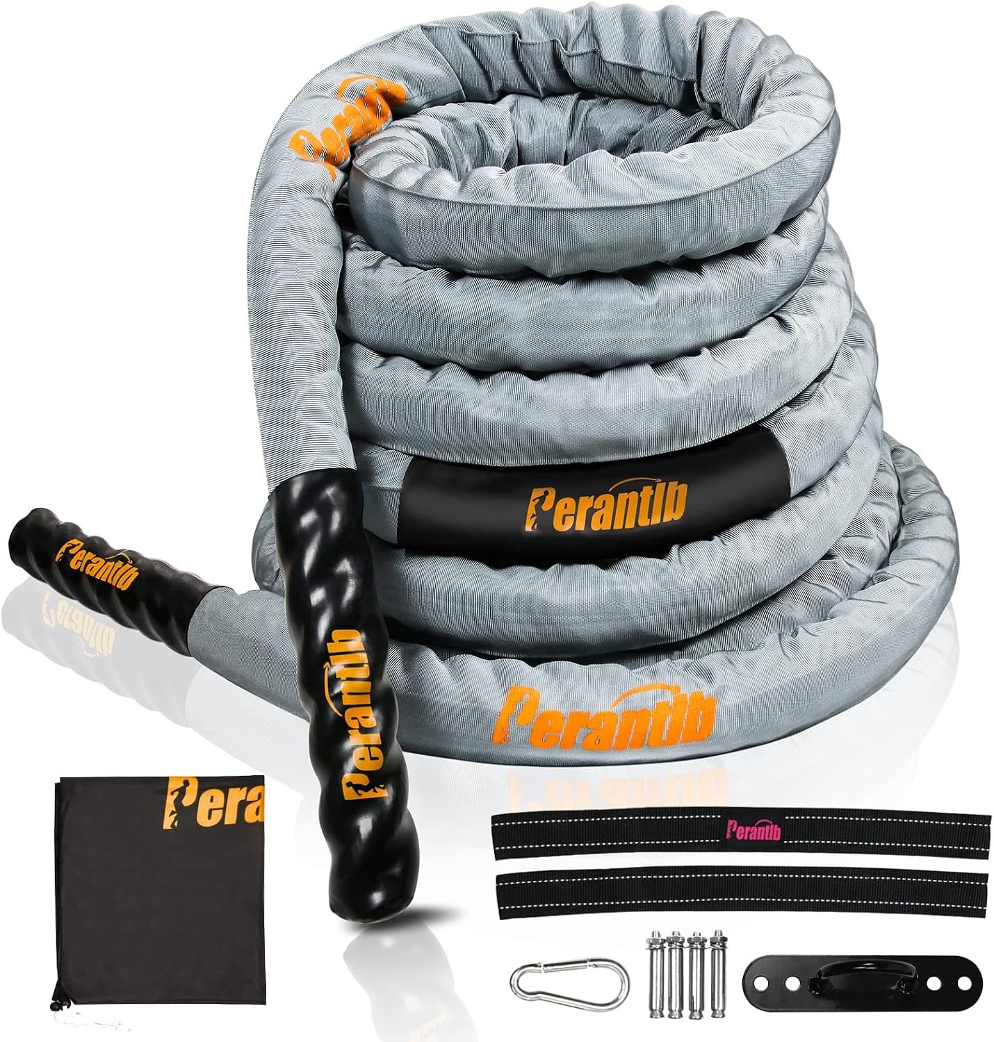 Perantlb Poly Battle Rope with Cloth Sleeve -1.25/1.5/2 Inch Diameter 30′ 40′ 50′ Lengths -Gym Muscle Toning Metabolic Workout Fitness, Battle Ropes for Home Gym