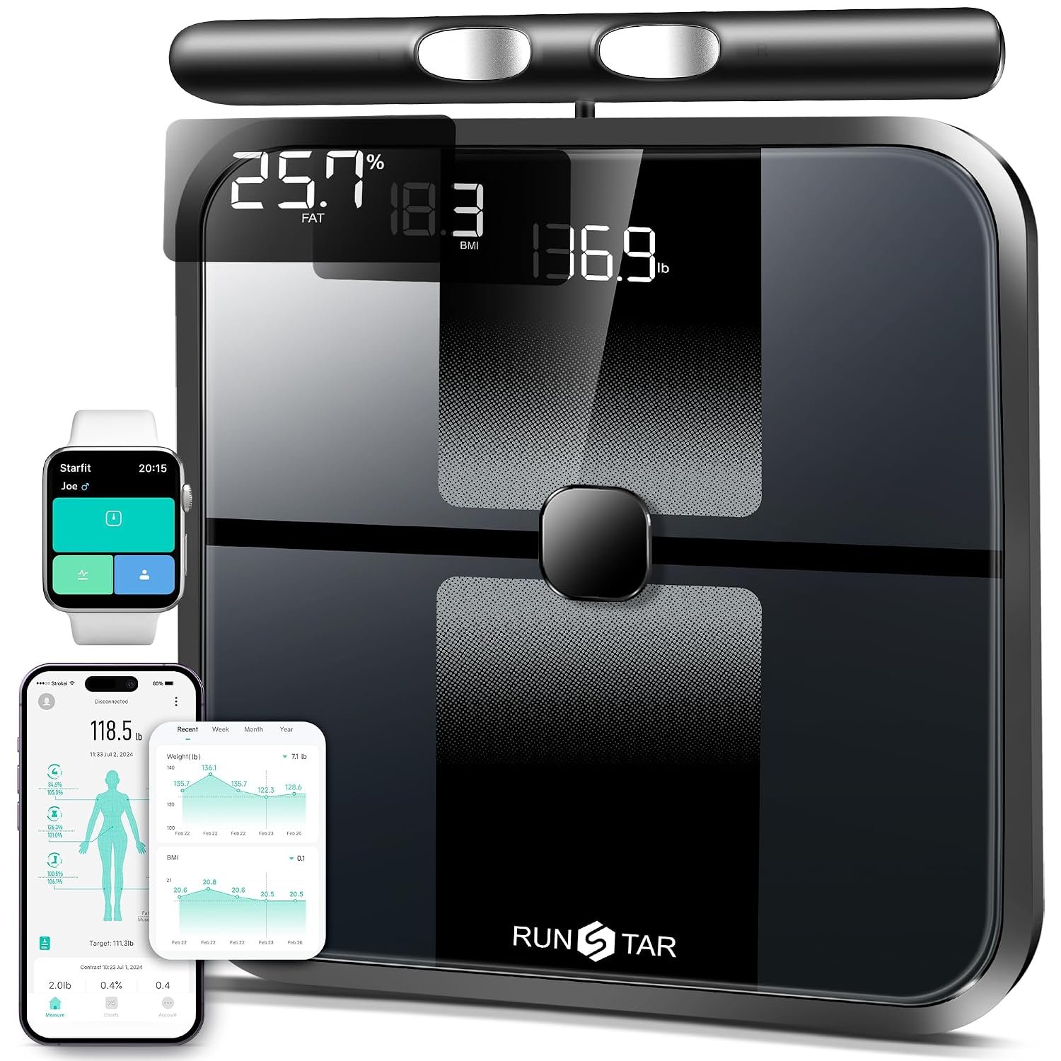 RunStar Scale for Body Weight and Fat Percentage, 8-Electrode Full Body Composition Monitor 28 Body Metrics Sync App, BMI, Muscle Mass-High Accuracy Digital Bathroom Scale with 3-Metric Display