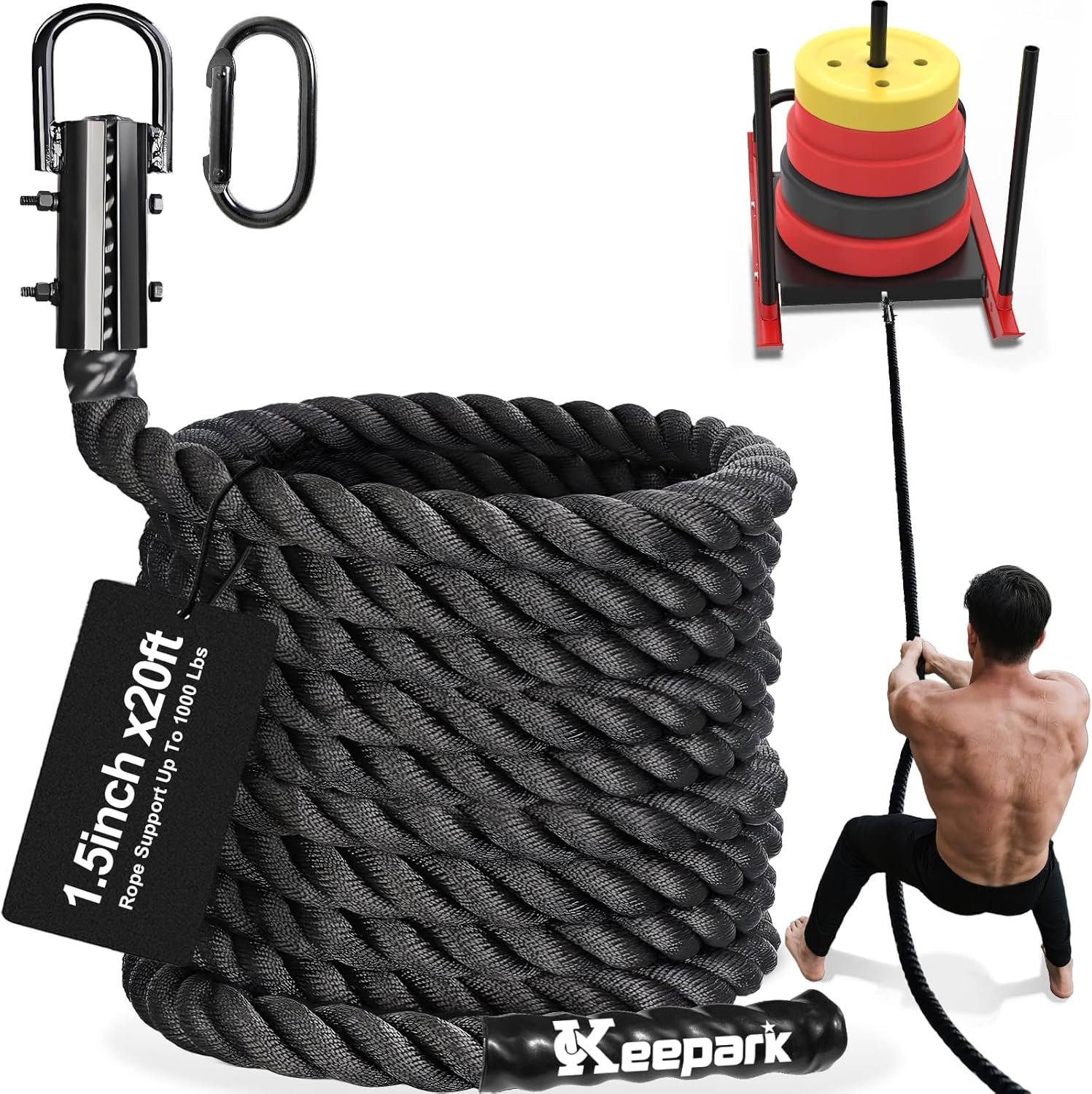 Weight Workout Sled Pulling Rope – 1.5 Inch Dia.15FT 20FT 30FT 40FT Length Heavy Duty Workout Rope for Weight Sled, Tire Drag, Football Training, Fitness Resistance Exercise Equipment for Men & Women