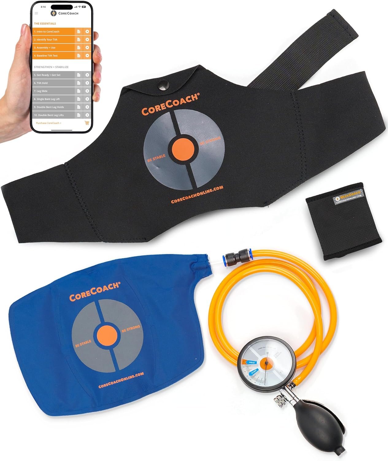 CoreCoach Pressure Biofeedback Device for Core Training at Home | Lumbar Air Pillow, Waist Belt, Carry Bag, App