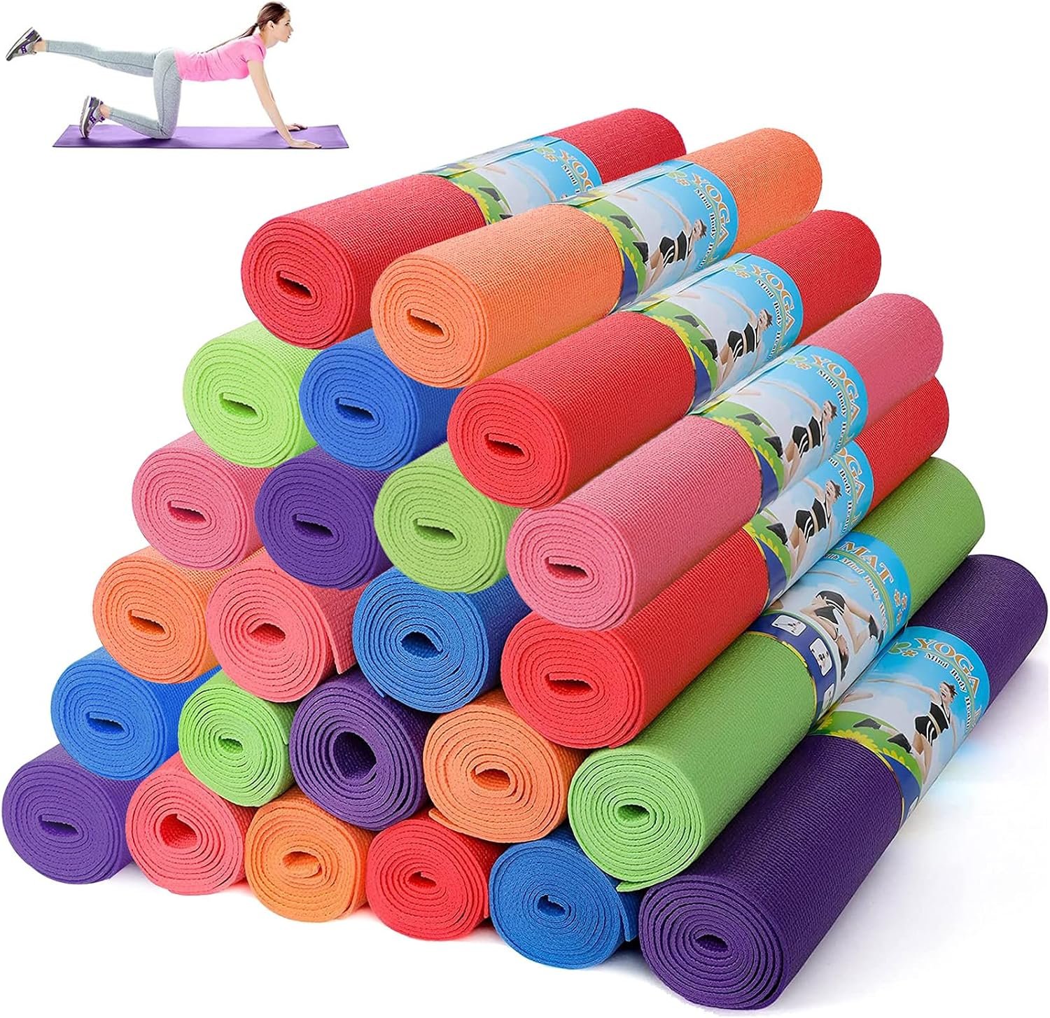 Wettarn 24 Pcs Yoga Mats Bulk – Non Slip, Lightweight Professional Colorful Exercise Mats for Yoga, Pilates, Fitness & Floor Workout