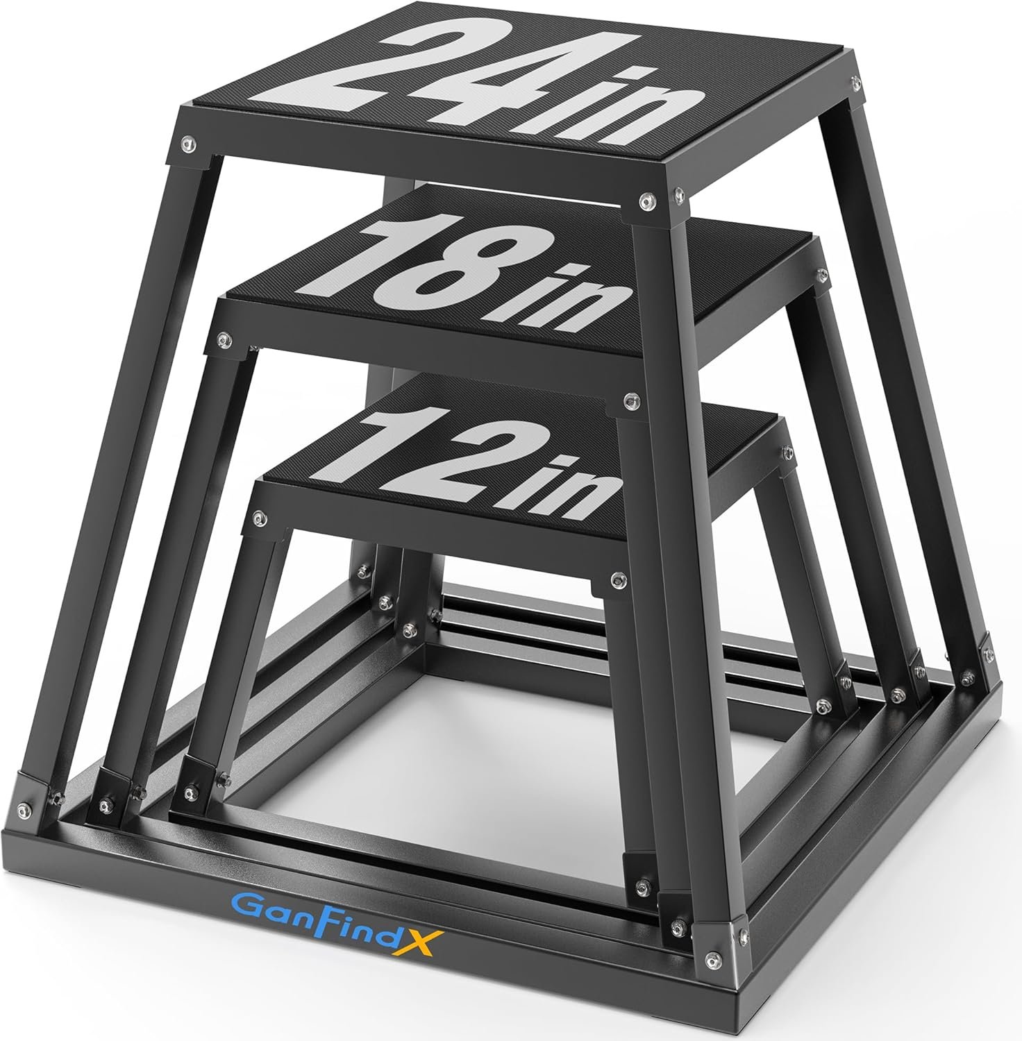 GanFindX Plyometric Jump Box Set, 12/18/24 Inch Steel Plyo Box, Heavy Duty Plyometric Platform with Anti-Slip Surface for Home Gym Training, Step-Up, Agility and Strength Conditioning