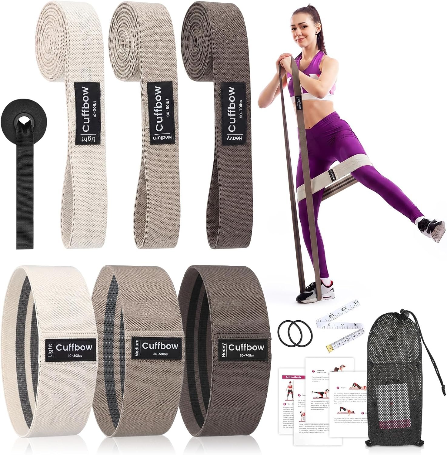 Cuffbow 6 Pcs Fabric Resistance Bands for Working Out, Non-Slip Exercise Bands for Women and Men, 3 Levels Long & Short Booty Elastic Band with Door Anchor for Home Pilates Stretching