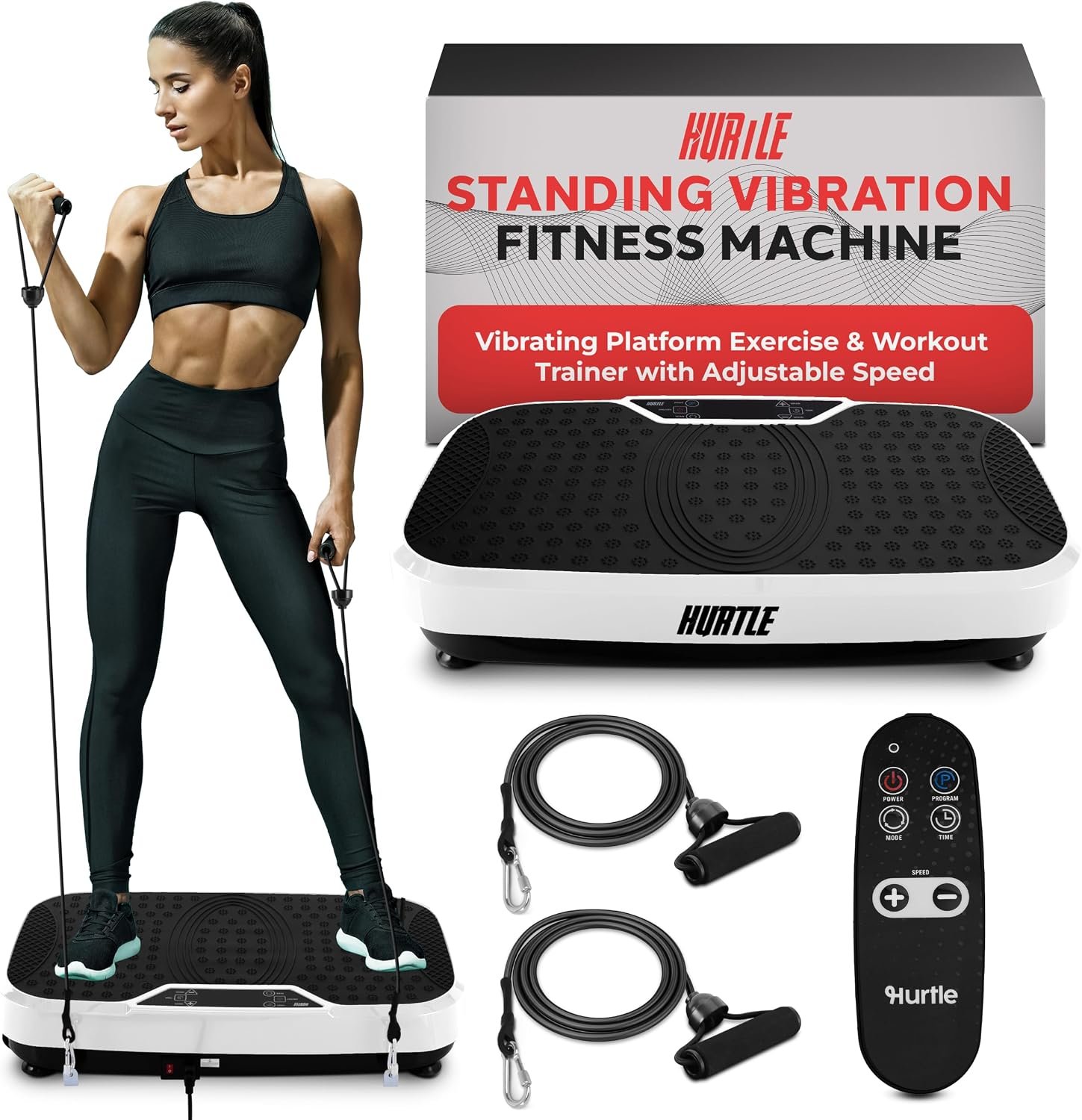 Hurtle Fitness Vibration Platform Machine – Home Gym Whole Body Shaker Exercise Machine Workout Trainer Fast Weight Loss w/Resistance Bands Easy Carry Wheel Remote Adjustable Speed