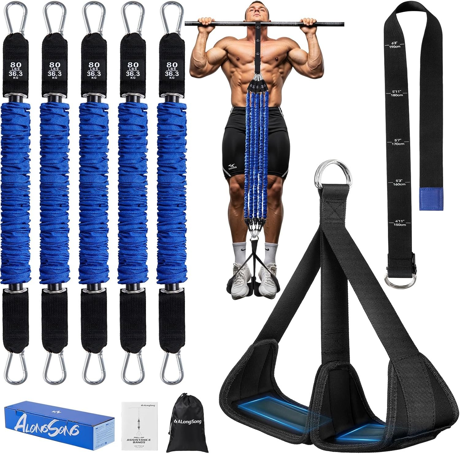ALongSong Pull Up Assistance Bands with Foot Support Pedal – Upgraded Heavy Duty Resistance Bands Adjustable Weight/Height with 80Lbs Bands&Measured Strap for Strength Training Home Gym