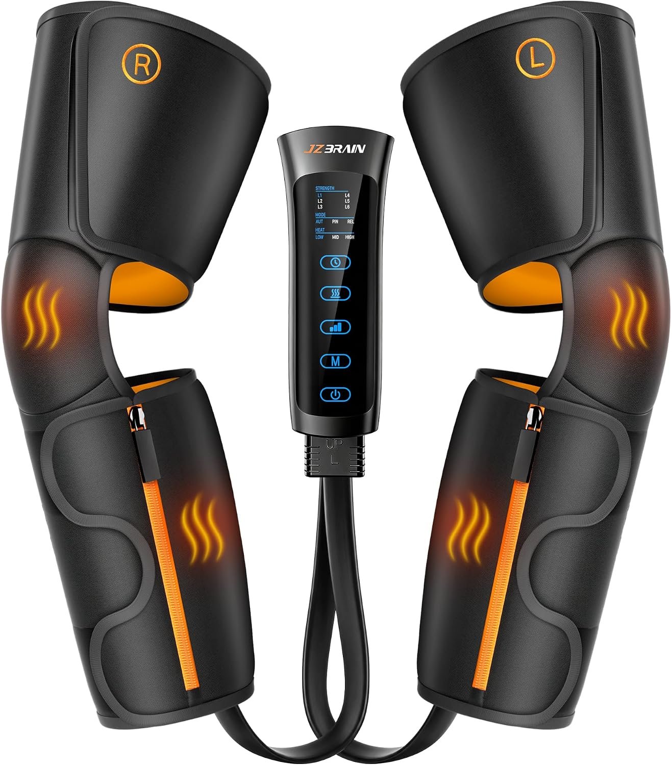 JZBRAIN Air Compression Leg Massager with Heat : Calf, Knees & Thigh Recovery Compression System for Pain Relief & Circulation – Sequential Massager with 3 Heat,3 Modes & 6 Intensities for Daily Use