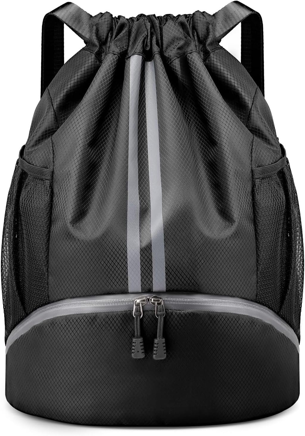 PinCute Gym Bag Drawstring Backpack for Sports, Swim, Workout, Black | Cinch Backpack with Wet Pocket and Shoe Compartment, Water-Resistant String Bag for Men Women, For Soccer, Basketball, Beach