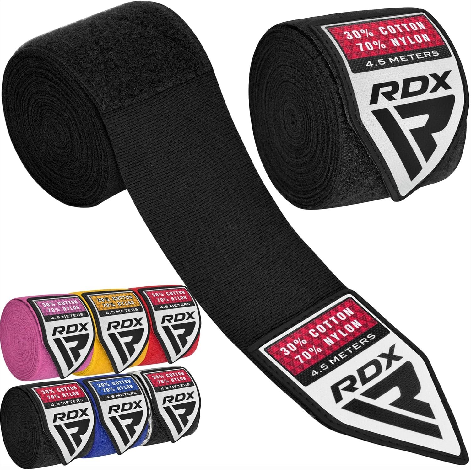 RDX Boxing Hand Wraps 4.5M / 180 Inches – Mexican Style Semi-Elastic MMA Inner Gloves – Wrist Support for Muay Thai, Kickboxing, BJJ, Karate – Thumb Loop & Hook and Loop Closure – Cotton & Nylon Blend