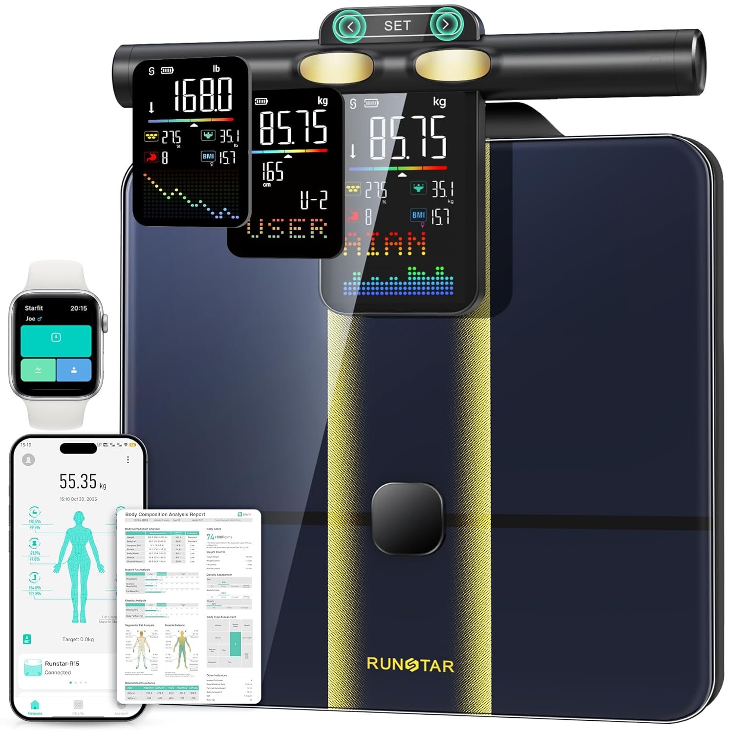 RunStar Smart Scale for Body Weight, 8 Electrodes High Precision Digital Bathroom Scale with Set Functions Handle, Body Composition Scale for Over 50 Metrics, 400lbs, Blue-Black
