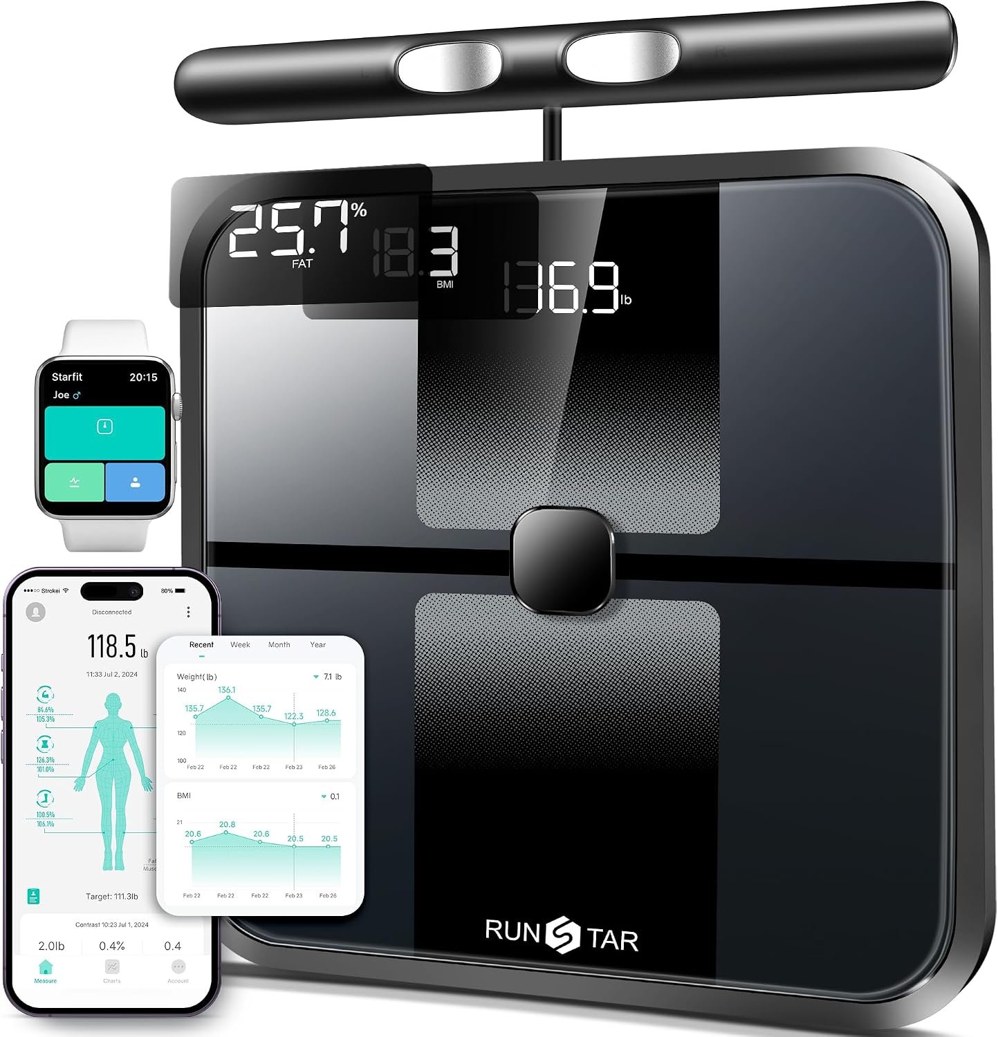 RunStar Smart Scale for Body Weight, Full-Body Bathroom Scale with 8 Electrodes for BMI, Muscle Mass, 3-Metric Display, High-Accuracy Body Composition Monitor with 28 Metrics & App Connectivity Black