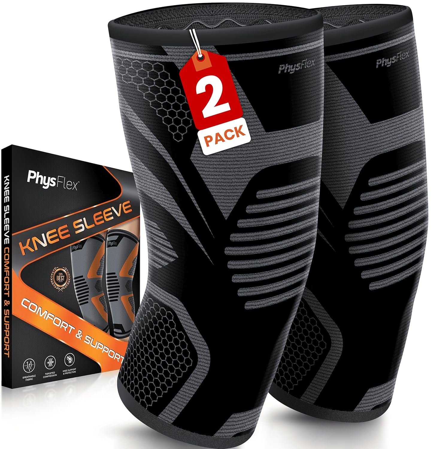 PhysFlex Knee Brace for Pain Relief – Knee Compression Sleeves for Men and Women – Support for Weightlifting, Gym, Workout, Volleyball, Arthritis (S, Black)