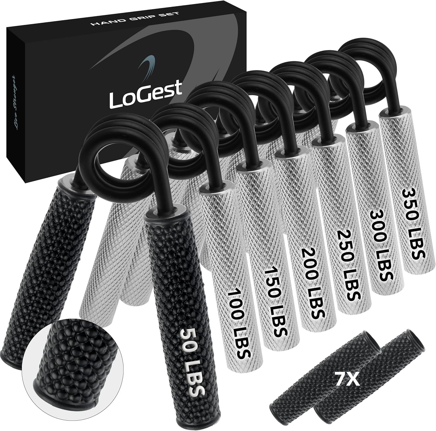 7 Pack Logest Metal Hand Grip Set, 50LB-350LB 7 Levels No Slip Heavy-Duty Grip Strengthener with Gift Box, Great Wrist & Forearm Hand Exerciser, Home Gym, Hand Gripper Grip Strength Trainer