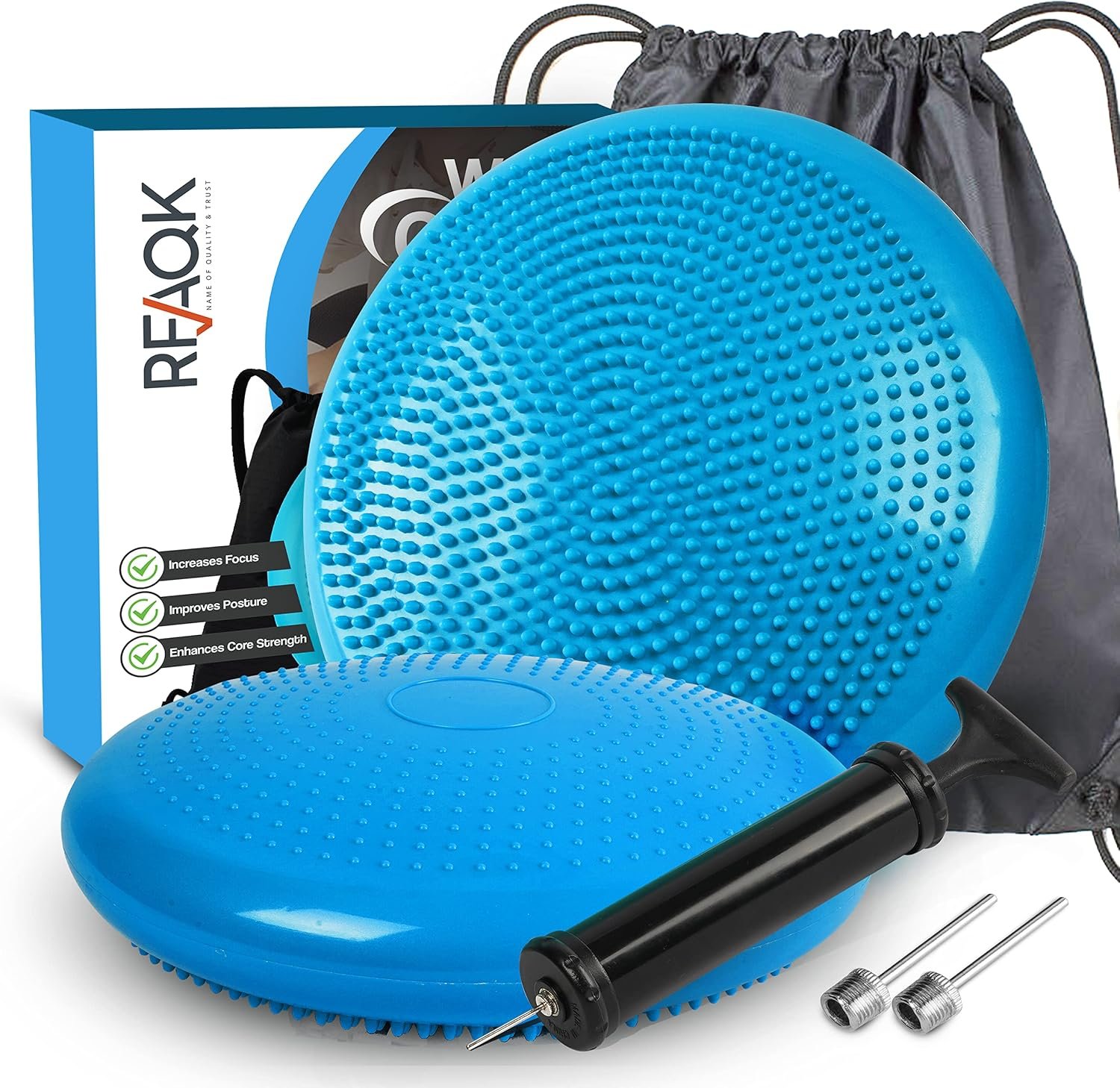 RFAQK Inflated Air Stability Wobble Cushion – Wiggle Seat to Improve Sitting Posture & Attention, Stability Balance Disc for Physical Therapy Exercise [Extra Thick, Pump, Bag, E-Book Included]