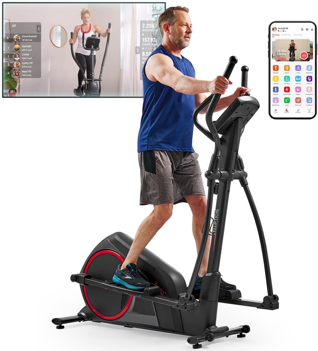 Sunny Health & Fitness Heavy Duty Elliptical Machine with Full Body Workout | Adjustable Resistance, Dual Handlebar, Performance Monitor, Device Holder, Heart Rate Monitor, 300LB-330 LB Capacity