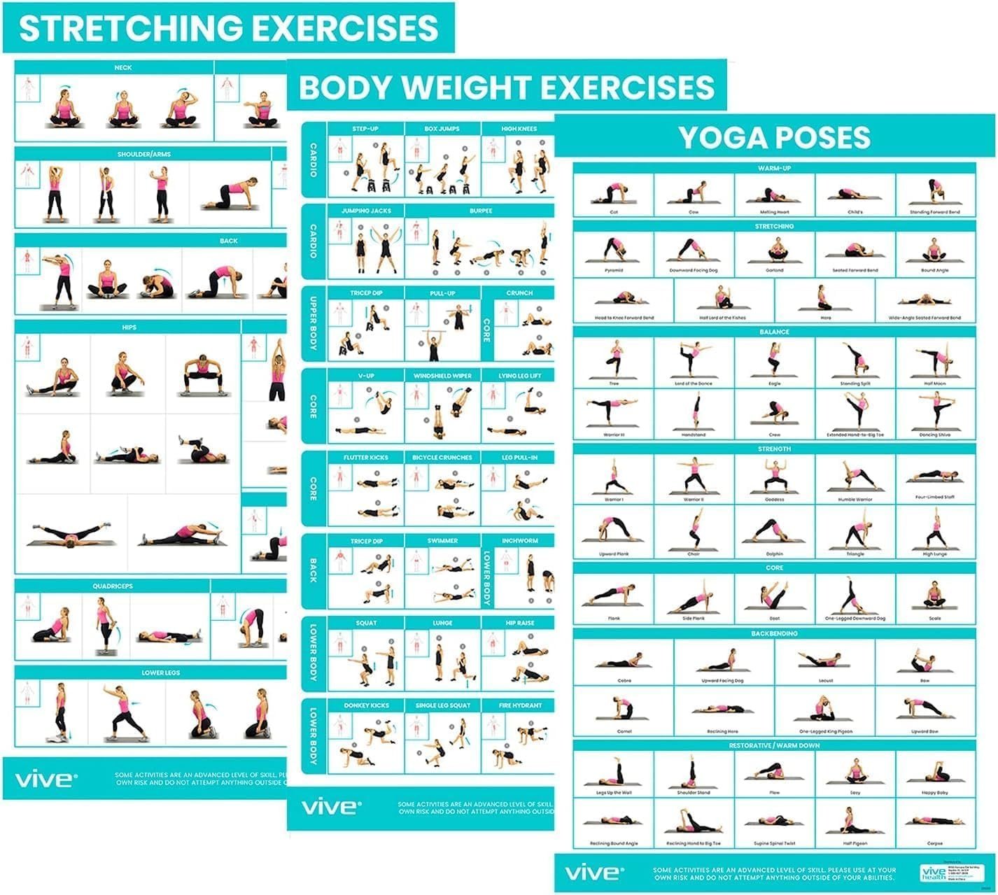 Vive Workout Posters for Home Gym (3 Pack) – Bodyweight, Yoga Poses