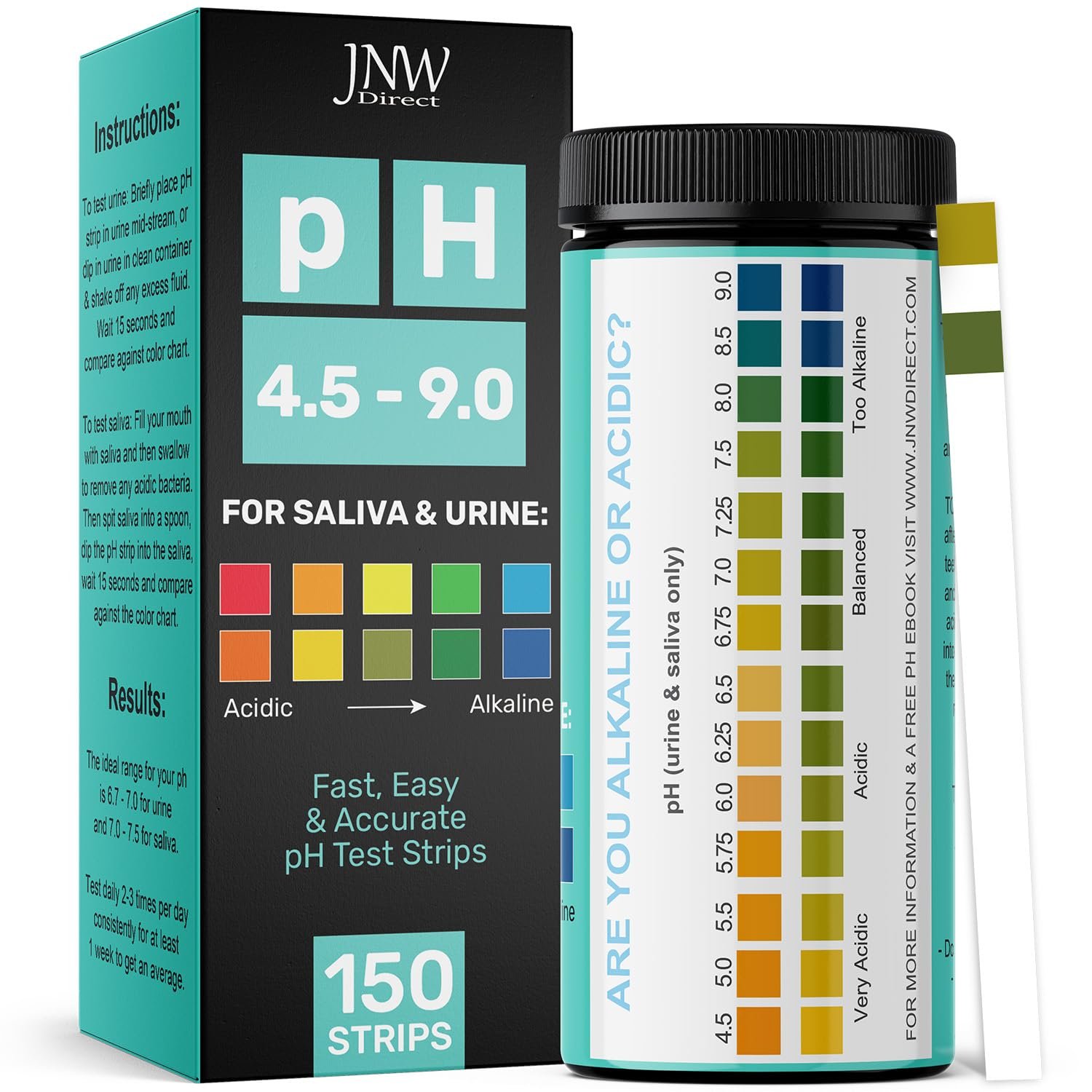 JNW Direct pH Test Strips for Urine and Saliva – 150 Litmus Paper Strips